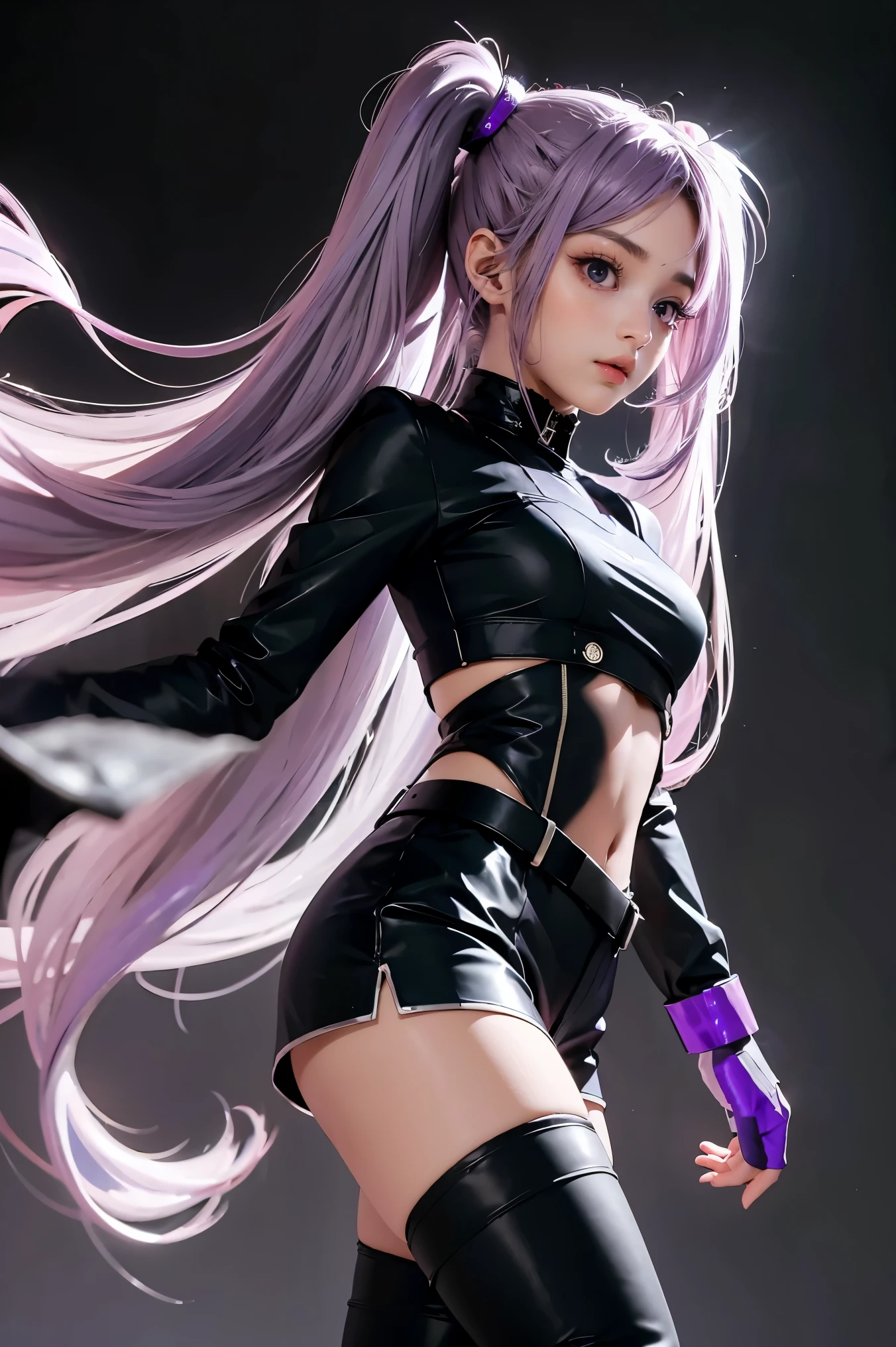 Best Quality, Ultra High Resolution, Cute, (KPOP Idol), (Long Twintail), (Light Purple Hair:1), ((Big Eyes)), Looking at you,
BREAK ((upper body:1.3)), Front View,A character with long, flowing silver hair and a slender build, wearing a black and white outfit that includes thigh-high boots and gloves. The character is in a dynamic pose surrounded by ethereal purple crystals and energy,
The character is in a dynamic pose surrounded by ethereal purple crystals and energy,A character with long, flowing purple hair, wearing a metallic top and black shorts with thigh-high boots. The outfit includes straps and belts, giving it a futuristic or fantasy style. The character is in a dynamic pose with radiant light or energy surrounding them, set against a minimalistic abstract background,