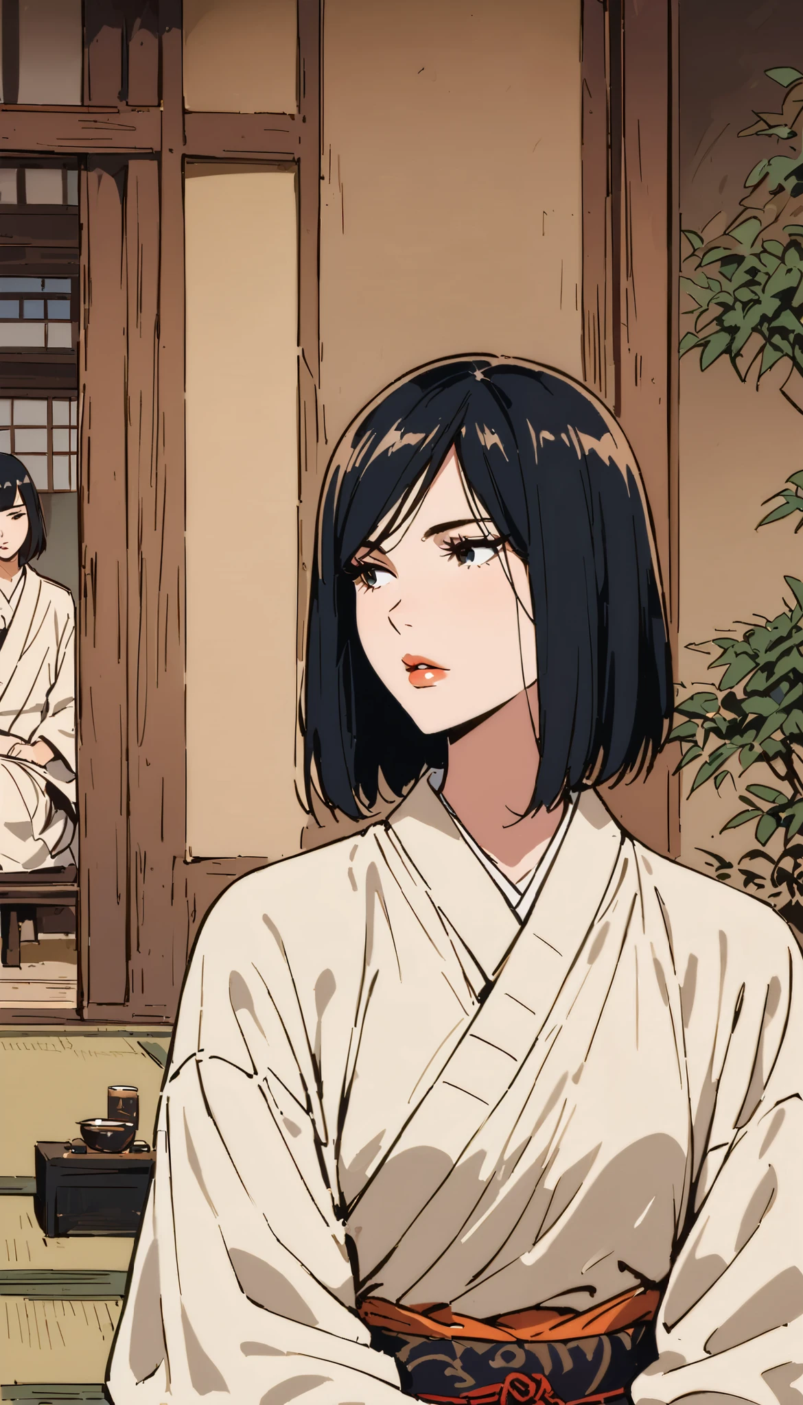 vintage movie, girl, short hair, navy hair, straight hair, woman body, ((byakugan)), tatami, meditating , hyuga clan, shinobi village, konohagakure, (((perfect lips))), perfect hair, looking down, shy, melancholic, ((young)), ((19 years old)), ((introvert)), ((beautifull)), , hyuga hinata