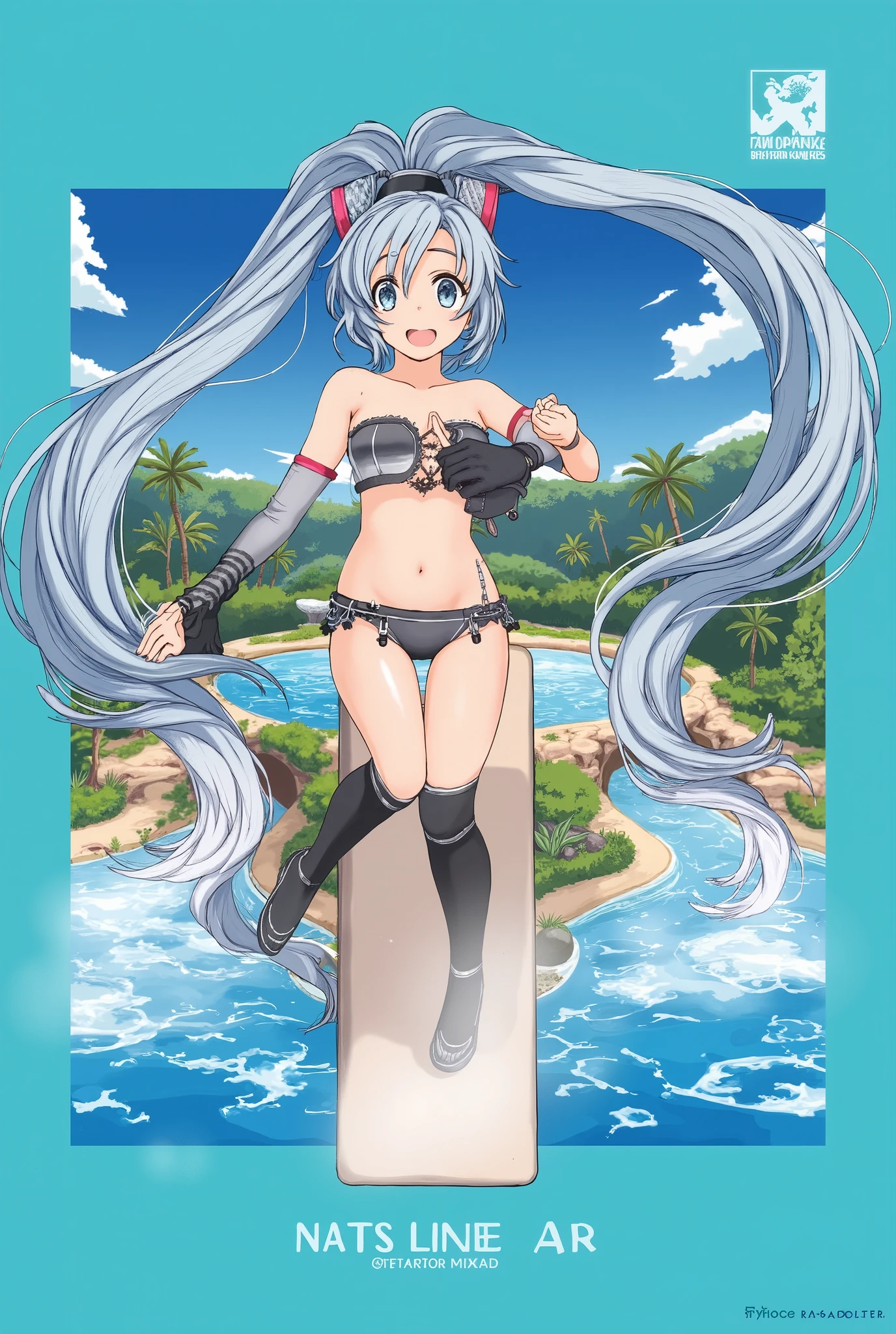 ( masterpiece、 top quality、 top quality、 Official Art、  beautiful and beautiful  :1.2)、( one girl:1.3) Hatsune Miku、 twin tails, beautiful breasts, by Nomi、Facing reality、With a girl、 swimsuit、  sexy smile 、 my chest got a little bigger、 sexy pose、 High diving board  、  bandeau bikini  、Small fabric area、