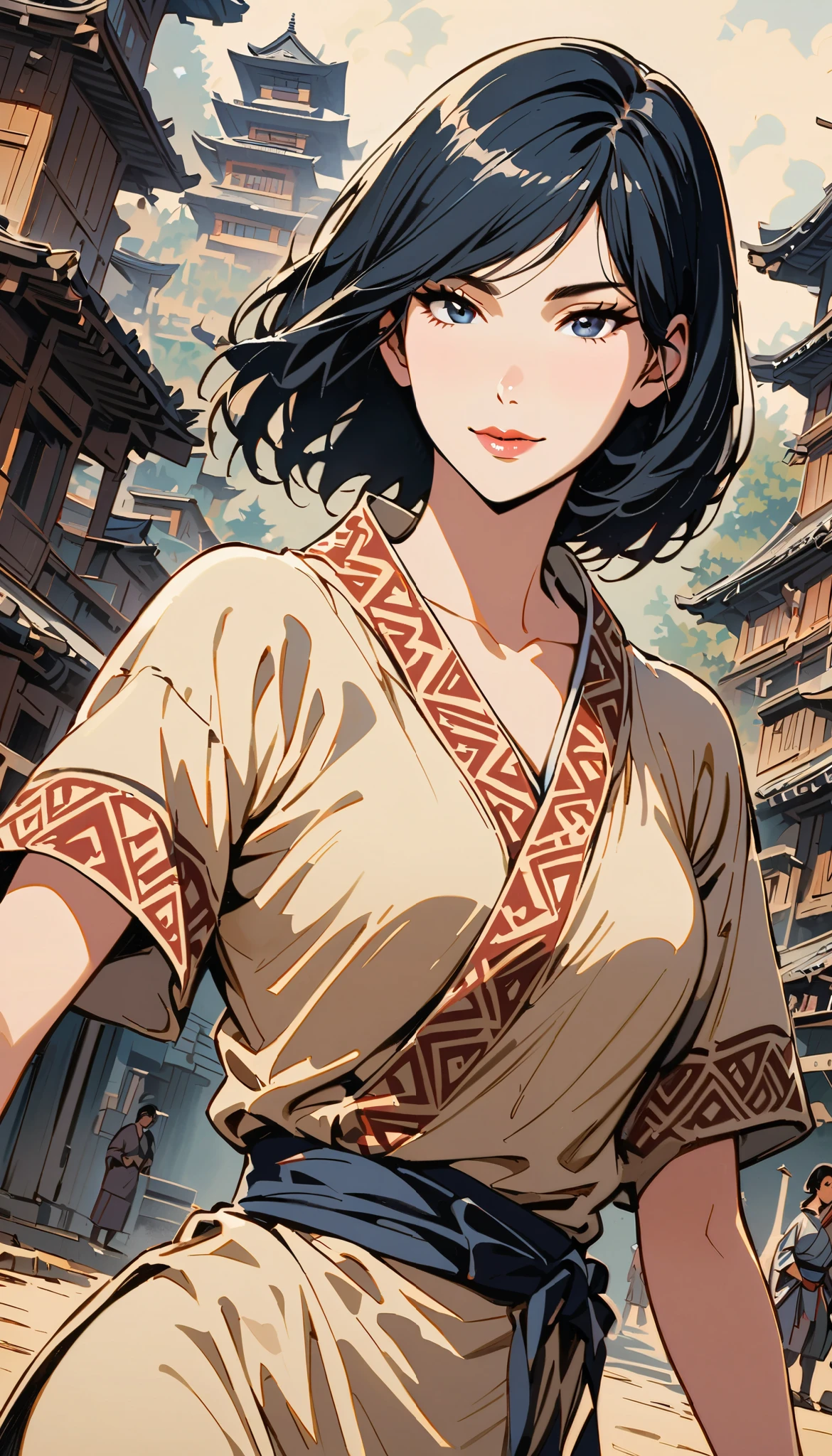 vintage movie, girl, short hair, straight hair, navy hair, woman body, kunoichi, dutch angle, hyuga clan, shinobi village, konohagakure, ((closed mouth)), smilling, ((perfect lips))