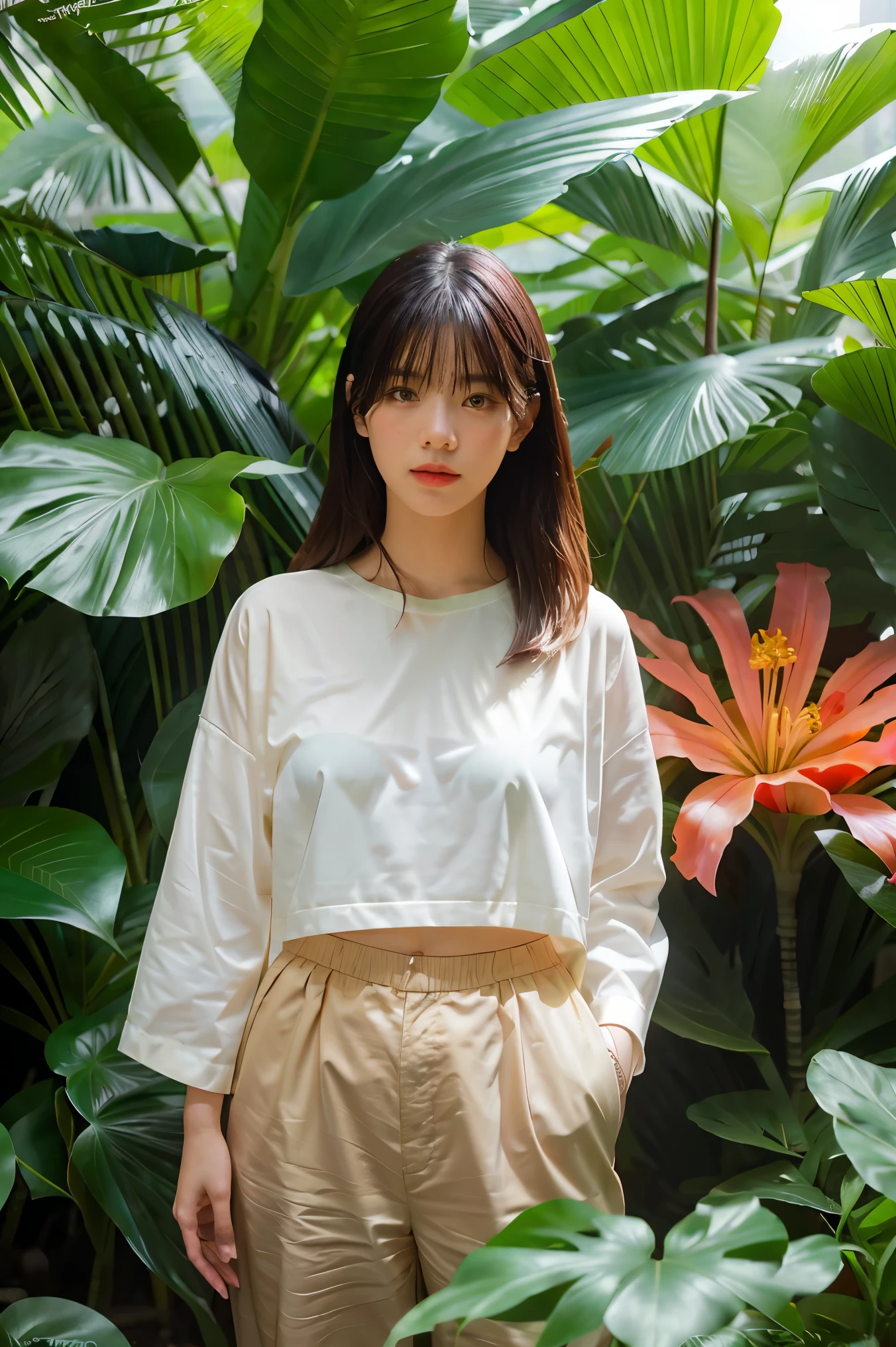 1girl standing in a jungle with plants, artwork in the style of guweiz, inspired by Yanjun Cheng, in a tropical forest, by Yang J, in the art style of bowater, 🌺 cgsociety, loish and ross tran, in a jungle, by Ni Tian, by Ryan Yee, loish and wlop