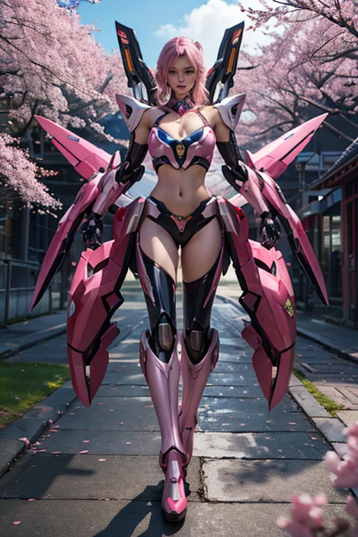 Create a highly detailed 3D rendering of a character named Dark Falz Apprentice from SEGA's PSO2. The character is an elf-like being with pointed ears and short, angular, blonde hair with pink tips. She wears a futuristic, black armored outfit with pink glowing accents. Her outfit includes shoulder armor with sharp edges, a form-fitting bodysuit, and knee-high armored boots with pink hexagonal designs. The character has a serious and composed expression.