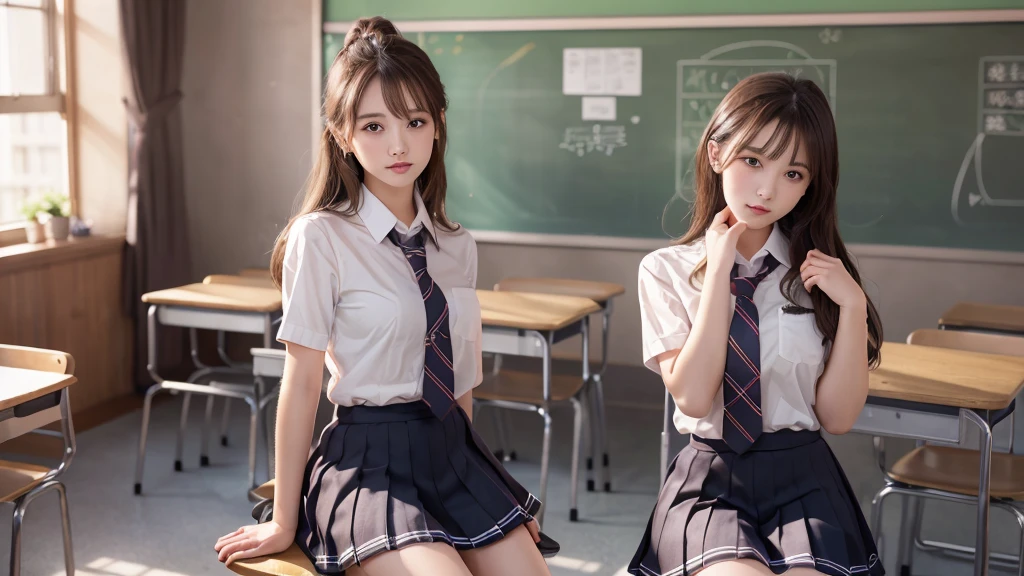 ((ung girls)), (highly detailed Beautiful face), Amazing face and eyes, (Best Quality:1.4), (Ultra-detailed), (extremely detailed CG unified 8k wallpaper), Highly detailed, High-definition raw color photos, Professional Photography, Realistic portrait, Amazing face and eyes, Pink eyes, twintails, (hi-school uniform, pleated mini skirt:1.3), (hi-school uniform with wide open breasts:1.2), (See-through sheer panties), ((Beautiful breasts)), (bare breasts:1.1), brown hair, model, (no bra, no panties:1.2), cameltoe, (((Bokeh))), depth of fields, Sitting, School, classroom,