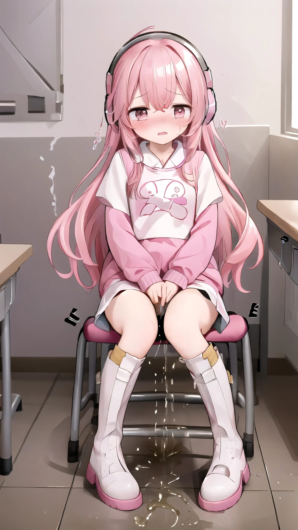 score_9, score_8_up, score_7_up, source_anime, BREAK 1girl, yunidef, purple eyes, pink hair, long hair, two side up, , hair ornament, mole under mouth, pink necktie, indoors, , pov, , black footwear, blush, evil grin,, smile,, crazy smile,  angry,  sitting, bathroom,sitting in toilet, sitting on toilet, closed eyes, pussy, shitting, toilet,