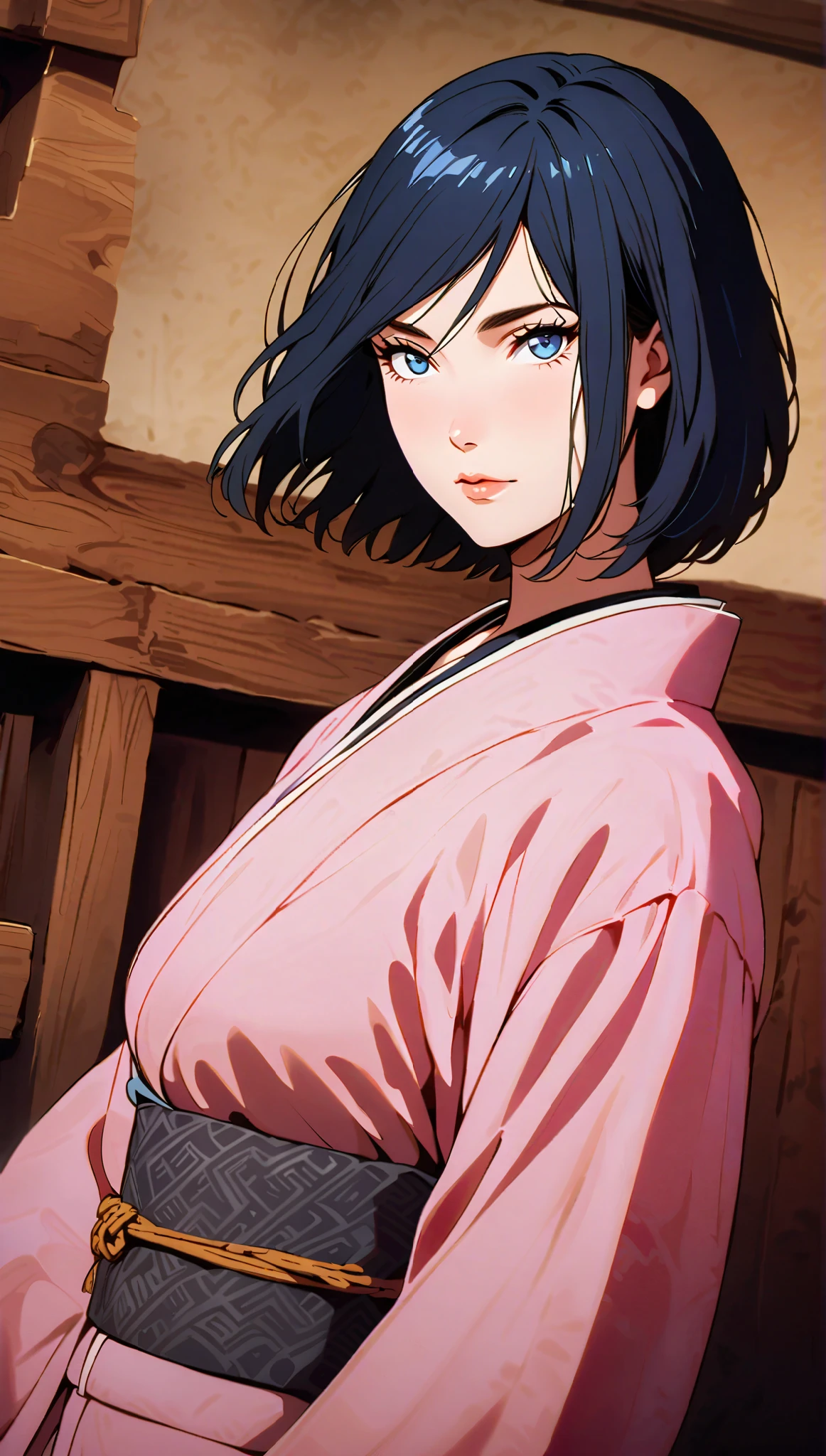 vintage movie, girl, short hair, navy hair, straight hair, woman body, traditional kimono, dutch angle, hyuga clan, shinobi village, konohagakure, ((closed mouth)), smilling, ((perfect eyes)), ((solo)), ((perfect lips))
