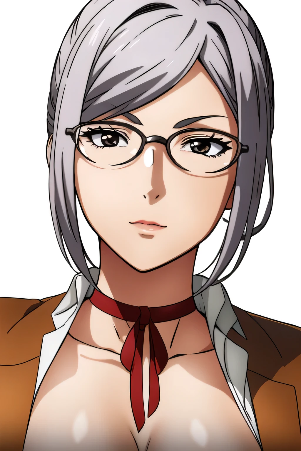 simple white background,
ribbon choker, open clothes, open shirt, brown jacket, shirt, deep cleaves , clavicle,
Glasses,
silver hair, short hair,hair_ is nice,No.,
1 girl, 20 years old, young woman, beautiful Finger, beautiful long legs, beautiful body, beautiful Nose, beautiful character design, perfect eye, perfect face,expressive eye, perfect balance,
staring at the viewer ,(Focus on her face), closed my mouth, (Innocent_big_eye:1.0), light on the side_笑face,
Official Art, Highly Detailed CG Unity 8k Wallpaper, perfect lighting, colorful, bright_Front _face_ light on the sideing, shiny skin around,
(masterpiece:1.0),(Highest_ quality:1.0), 超 Hi-Res,4K, super detailed,
photography, 8k, Hi-Res, Hi-Res, absurd:1.2, Kodak Portra 400 , Film Grain, blurry background, Bokeh:1.2, lens flare, ( lively_color:1.2),Professional photography,
( beautiful,big_chest:1.4), ( beautiful_face:1.5),( is narrow_ waist ),