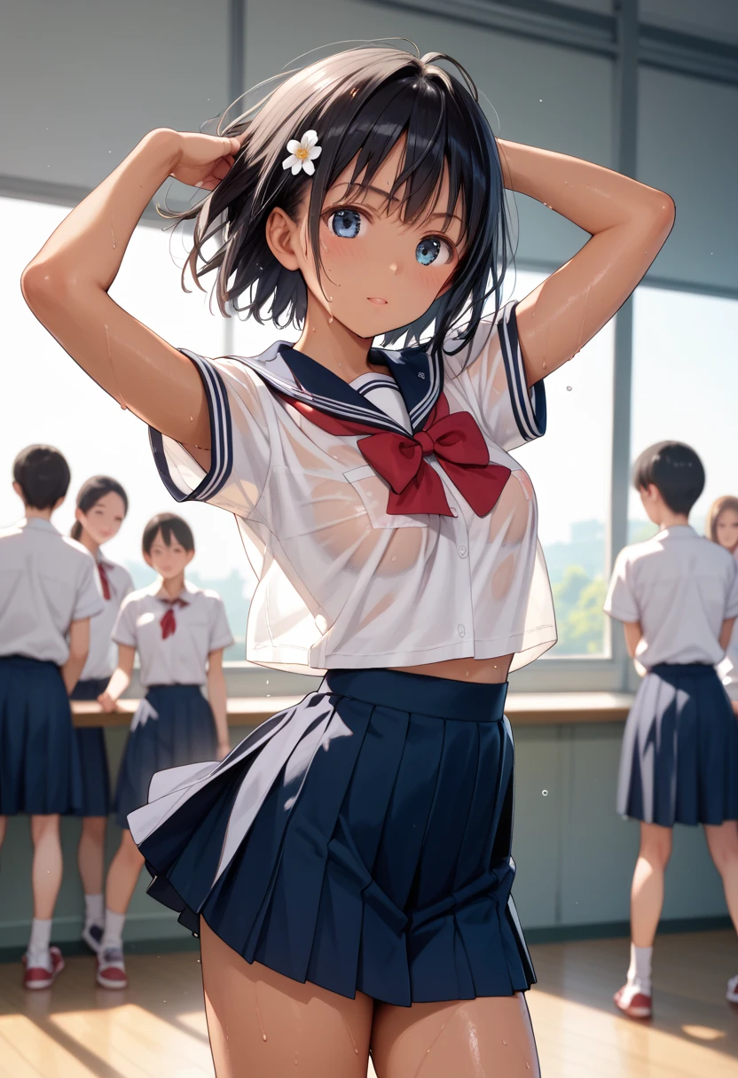 ((realistic)),((masterpiece,Highest quality:1.3,best quality illustration)),cowboy shot,独奏,1woman,18 year old beauty、black hair,short bob hair,bangs,black eyes,(gorgeous big eyes),((very small head:1.3)),shy,((very long body,:1.2,skinny)),((tan skin:1.4)),small breasts,(Collared short-sleeved shirt、red bowtie,Navy blue pleated mini skirt),gleaming skin,oily skin,slender body,sweat, Gym stretch,School、Tokyo、