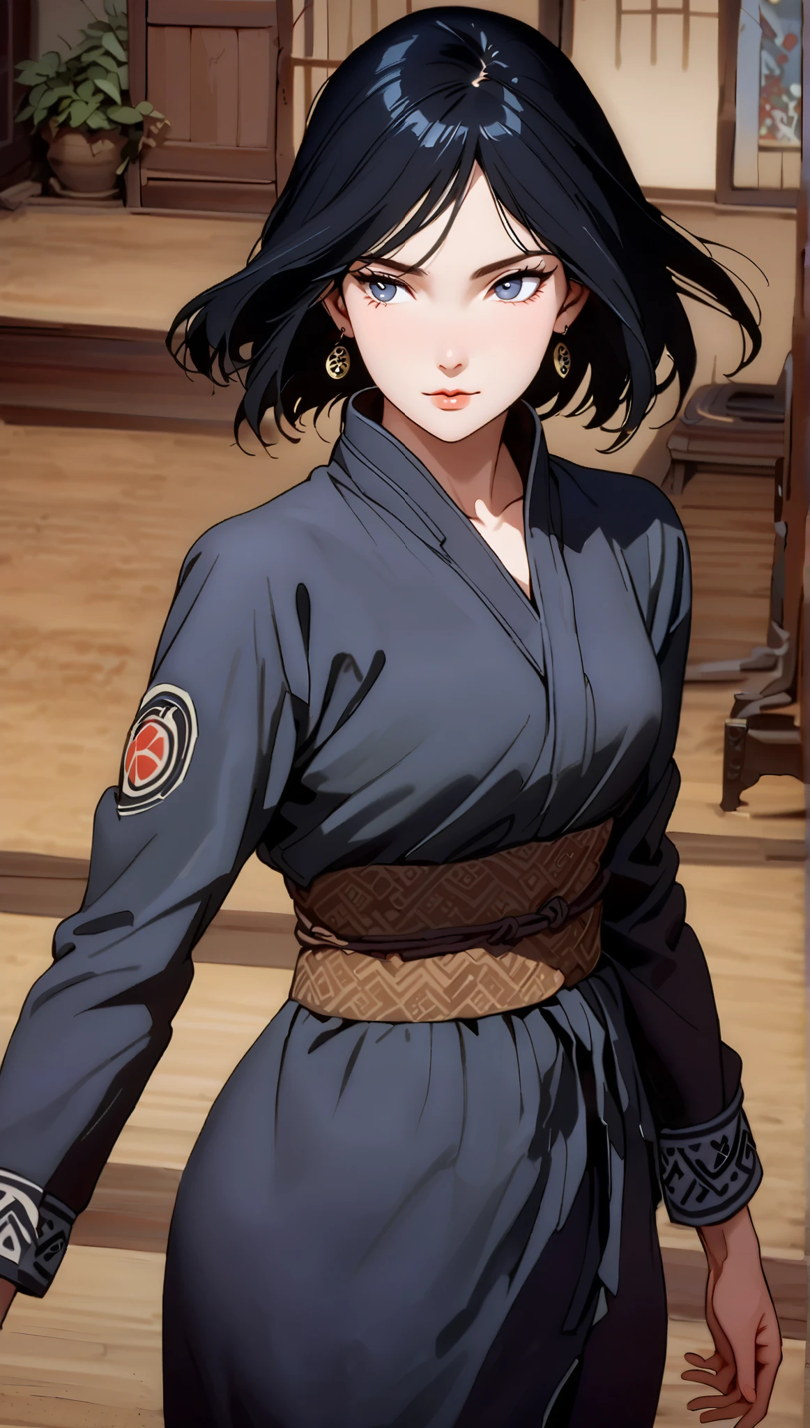 vintage movie, girl, short hair, navy flowing hair, straight hair, woman body, ((long black dress)), small earrings ((perfect earnings)), dutch angle, hyuga clan, shinobi village, konohagakure, ((closed mouth)), smilling, ((perfect eyes)), ((solo)), ((perfect lips))