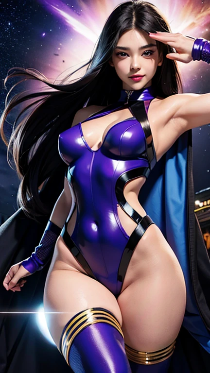 stsapph2024, 1girl, best quality, masterpiece, 5 fingers, depth of field, full body, 5 fingers, raw photo, photorealistic, violet bathing suit, floating in space, long boots, eye mask,  hair, smile, white collar, full body,

