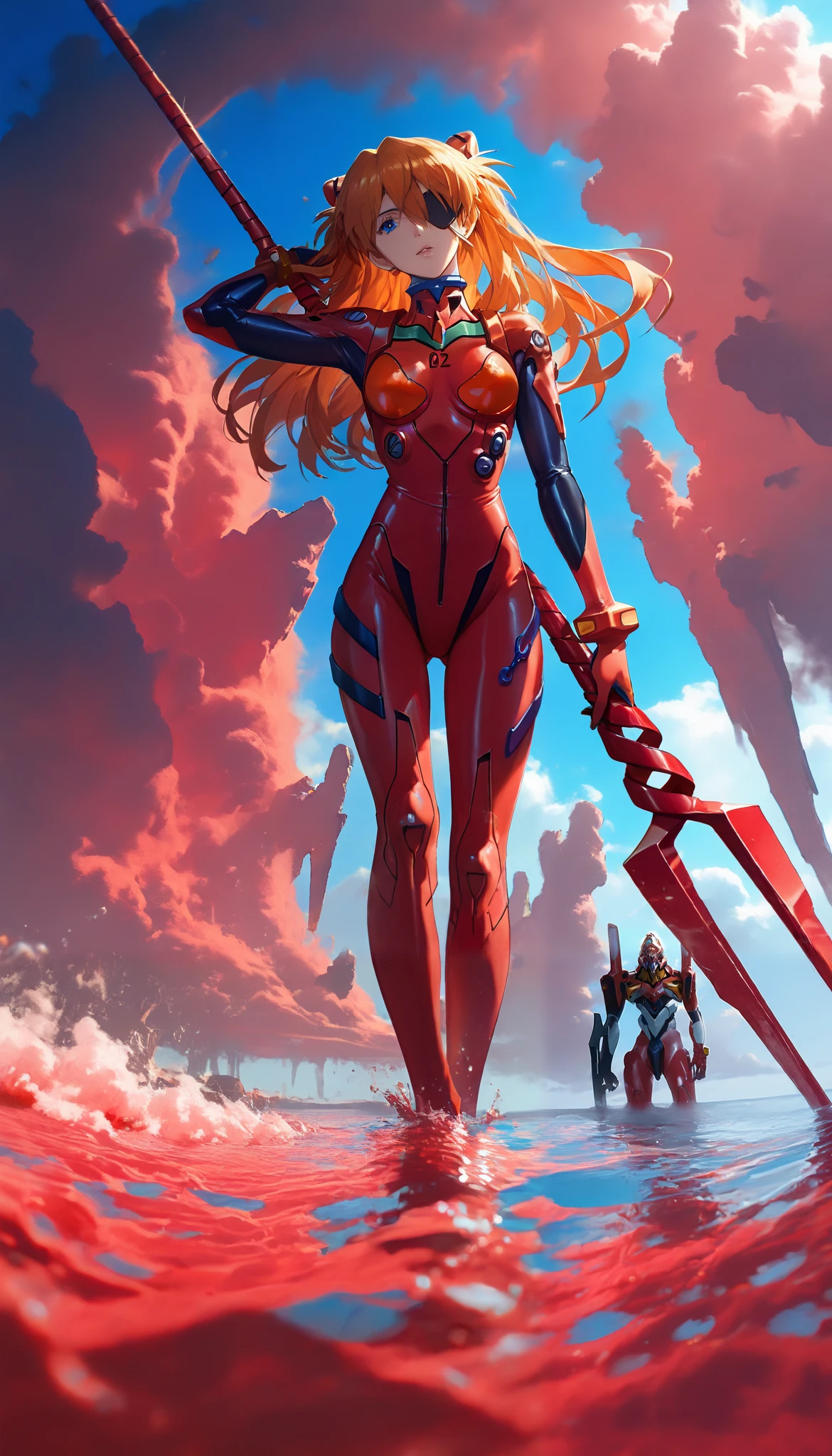 a girl, souryuu asuka langley , Neon Genesis Evangelion, sensible, Alone , eyepatch, tight red suit , epic poses , seen from below, hair moved by the wind , sunny day,sky and clouds, with open legs , head tilt, holding a weapon , Longinus Lance \( Evangelion\), cowboy shot, depth of field , Fake traditional media, picturesque, impressionism, masterpiece, high score , great score , absurdities( Dutch Angled Shoulder Grip ), full body, ( fondo de pantalla CG unity 8K muy detallado, Red Sea, ultra-detailed ), transparent red body suit , Detailed face, full lips , long eyelashes, loose hair, elegant pose , under a blue sky , by the Red Sea, orange hair , dramatic lighting, ethereal, surreal, dreamlike, fog, fog, Shine, round, 8K, High Quality, breasts, Eva-02 background , partially submerged, water line ,(EVA-02 ),Eva deactivated , eva defeated and lying down