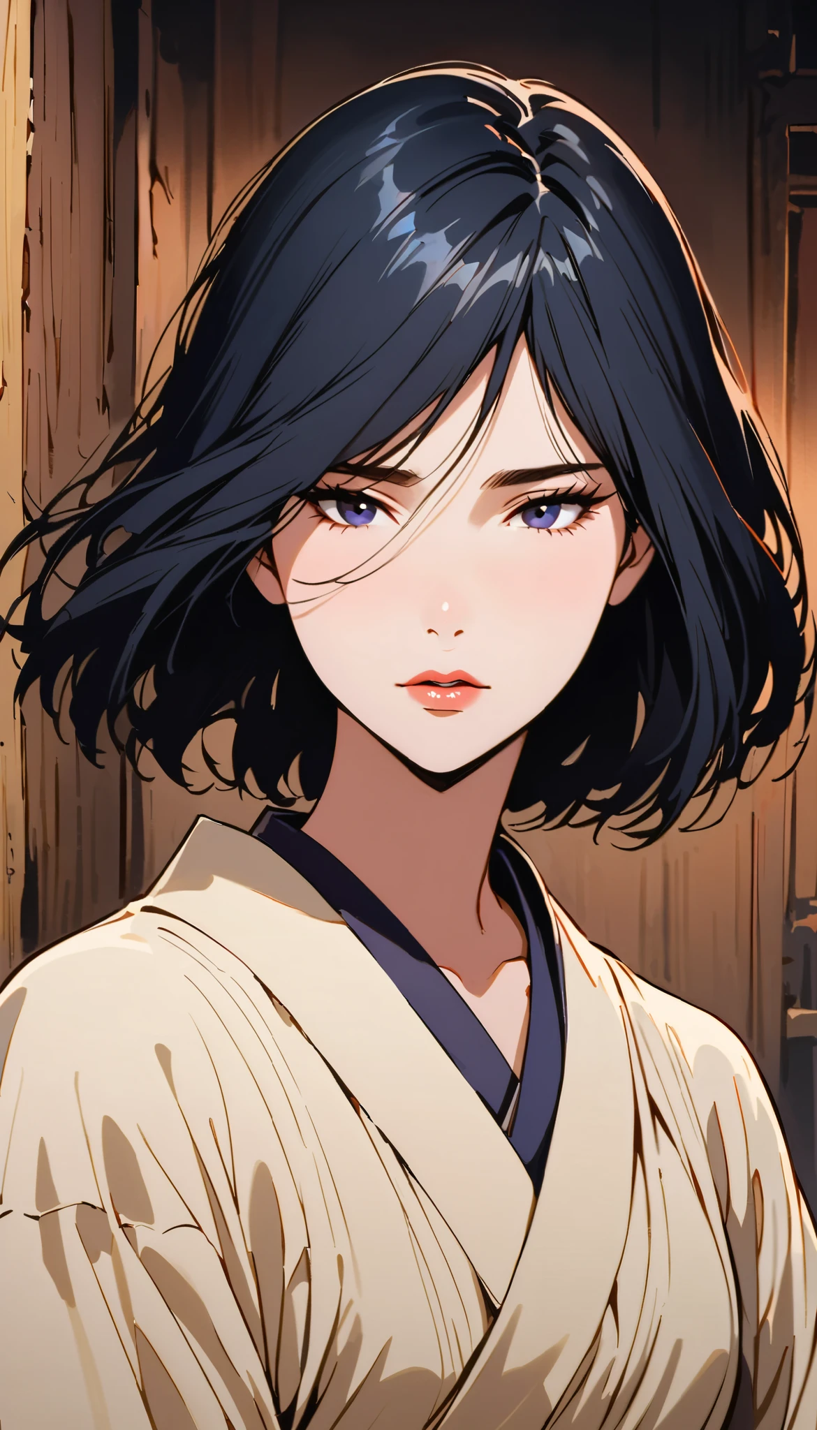 vintage movie, (solo) girl, short hair, ((navy hair)), straight hair, woman body, white kimono, focus in her face, hyuga clan, shinobi village, konohagakure, (((perfect lips))), perfect hair, shy, melancholic, ((young)), ((19 years old))