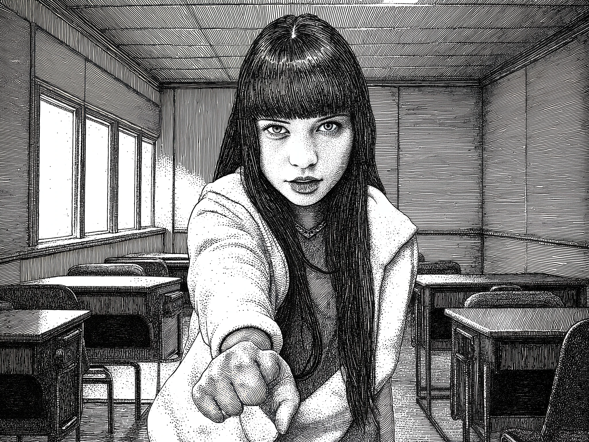 score_9, score_8_up, score_7_up, score_6_up, score_5_up, score_4_up, digital art,
BREAK
(masterpiece: 1.0), best quality, perfect anatomy, perfect composition, perfection, 4k resolution, absurdres, very aesthetic, professional artwork, absolutely beautiful, greyscale, monochrome, realistic, 
BREAK
Highly detailed ink drawing with intricate stippling and cross-hatching, by Apollonia Saintclair. 1girl, blunt bangs, grey eyes, long hair, white hoodie, black shirt, black pants, raising fist towards viewer, classroom background, warm color pallete, cinematic lighting, foreshortening,  depth of field, bokeh, masterpiece, 