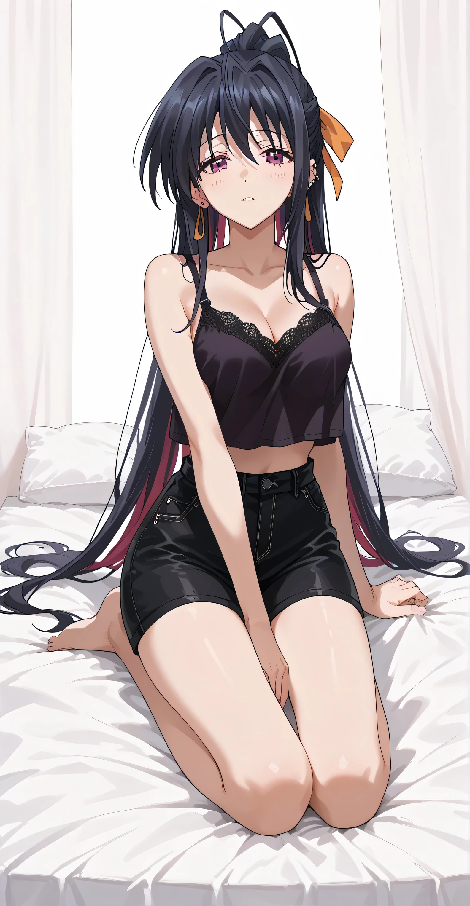 full body, Akeno himejima , (long hair, Black hair ), purple eyes, earrings, ear piercing, multicolored hair, score_9, score_8_up, score_7_up, source_anime, masterpiece,best quality, medium breasts, Black camisole, crop top overhang, transparent, cleavage, short pants, cool face, looking at viewer, laydown on bed,