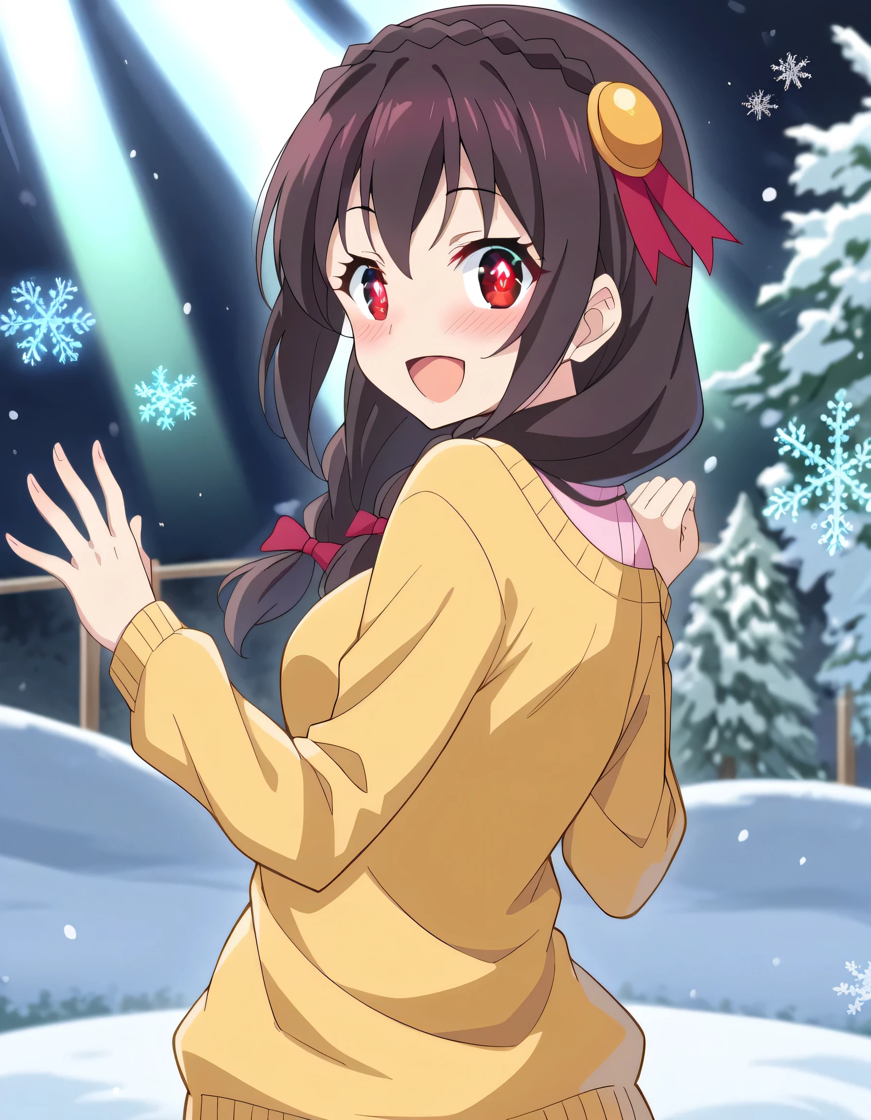 high image quality, high quality、
Yunyun、 black hair , hair accessories, red eyes, , braided,1 person
( yellow sweater:1.2)、Standing、(Looking up:1.2)、(blush)、(Surprised Smile)、( Snow Flutters)、( snowflakes dance like a queen:1.2)、( sunshine)、(Sunshine)、(Sunlight)、( open your mouth and smile)、( view viewer)、outside、(Dancing )、(Dancing)、(Looking Back)、( I can see my whole body)、(glowing eyes:1.4)、(sparkling eyes)