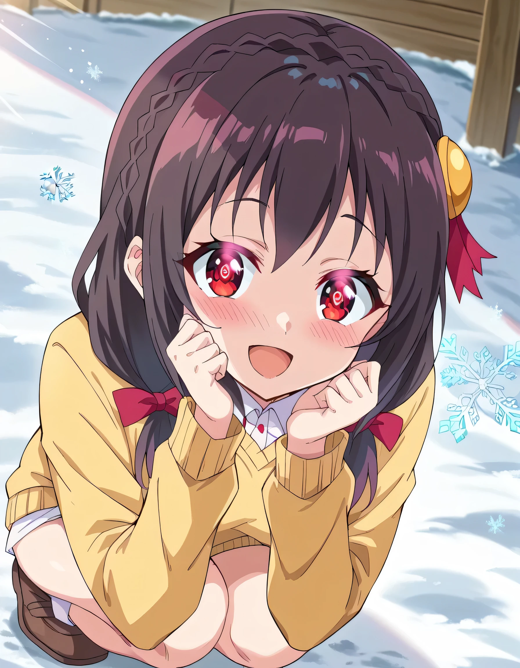 high image quality, high quality、
Yunyun、 black hair , hair accessories, red eyes, , braided,1 person
( yellow sweater:1.2)、Standing、( view viewer)、(blush)、(Surprised Smile)、( Snow Flutters)、( snowflakes dance like a queen:1.2)、( sunshine)、(Sunshine)、(Sunlight)、( open your mouth and smile)、( view viewer)、outside、( slouching forward:1.4)、( I can see my whole body)、(glowing eyes:1.7)、(sparkling eyes)