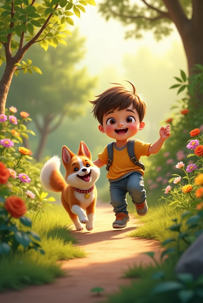 Boy image for YouTube video story in Pixar style, He is a little Alla Bester., He is the class leader., He is about to go out., Playful and curious about many things, short hair,he found a tiny squirrel stuck in a thorn bush