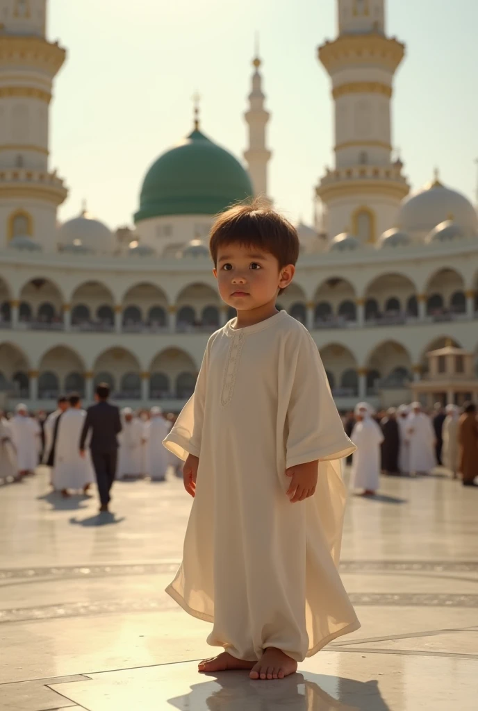 Beautiful mosque, Bangladesh, a Muslim boy infornt,cap in his head,white panjabi,shoes in foot,sun in top,cloudy sky
