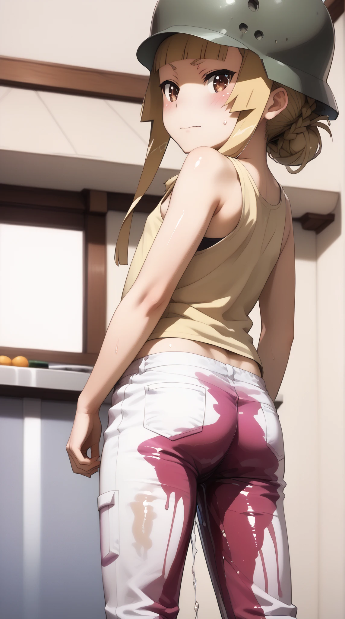 nsfw,(Petite),(Cute man's daughter),blonde low twintails,lips,(Butt Voyeur),Sweat,White Breath,Looking down from below,Back view,Big Ass,Groin bulge,Sit in an M-shape,uniform,2 frames