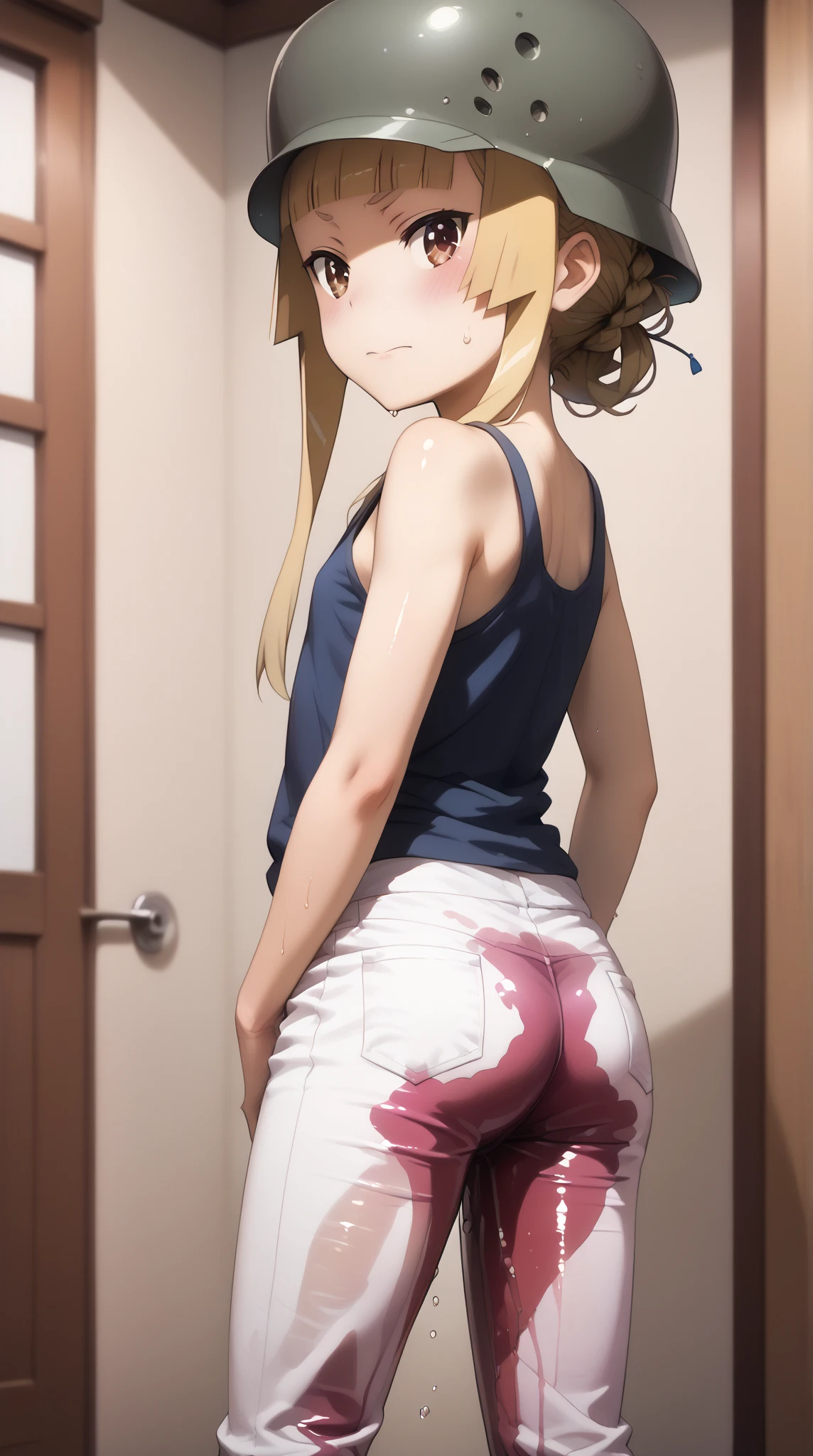 Anime background art, bottom of room, one bed, lying on a bed, beautiful anime scenes, 4K anime art wallpaper, 4k anime art wallpaper, Rosla global illumination, anime girl, best quality, detailed, 1 girl, 1 man, alone, same as LORA, same as lora, closed mouth, smile, blonde hair, head accessory, hair tie, short hair, ponytail hairstyle, one side ponytail hairstyle, defined eyes, blue eyes, looking at viewer, perfect face, perfect eyes, nude, naked, completely naked, perfect face, perfect eyes, showing her vagina, perfect vagina, legs open, open legs, open vagina, penis, penis inside vagina, penis in vagina, being penetrated, scene sex, reverse cowgirl pose, her back, showing back, showing butt.
