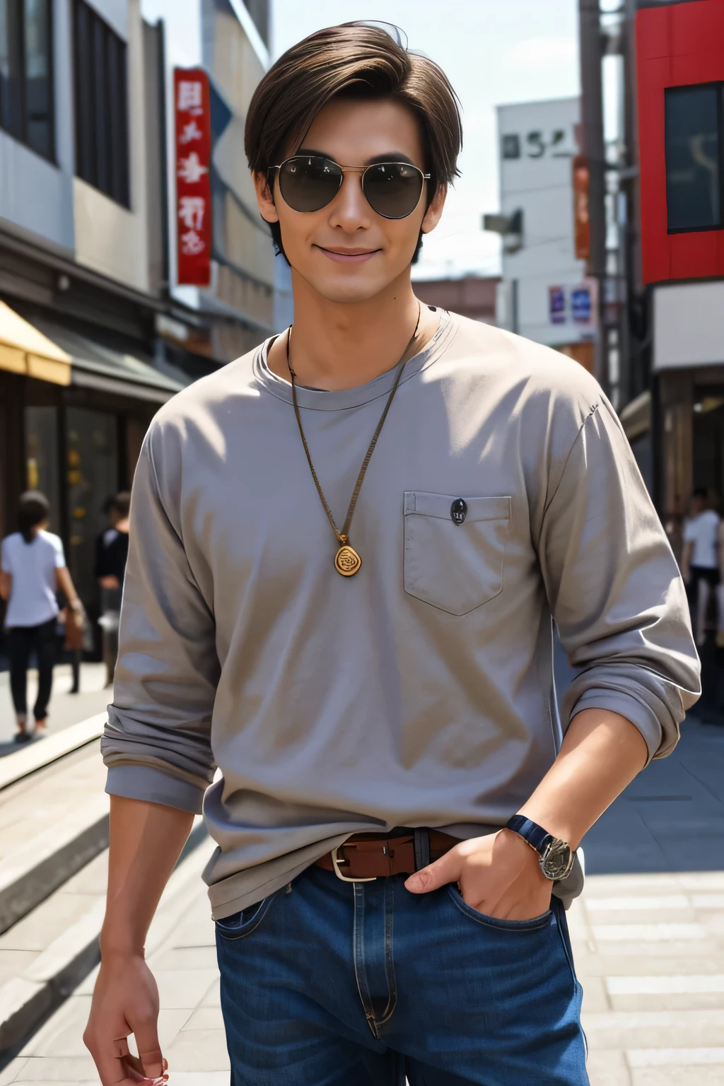 Age 25々 cool guy、 what it feels like to be a model 、 chic casual clothes 、delicate face、 foreign、I have brown hair 、 brown eyes、Sunny daytime、 cool standing figure 、Fukuoka's trendy downtown 、 Wealthy People 々々、 live action photography style、High quality 8K、 has a bright smile、 like the model 、 One Man、No sunglasses 、