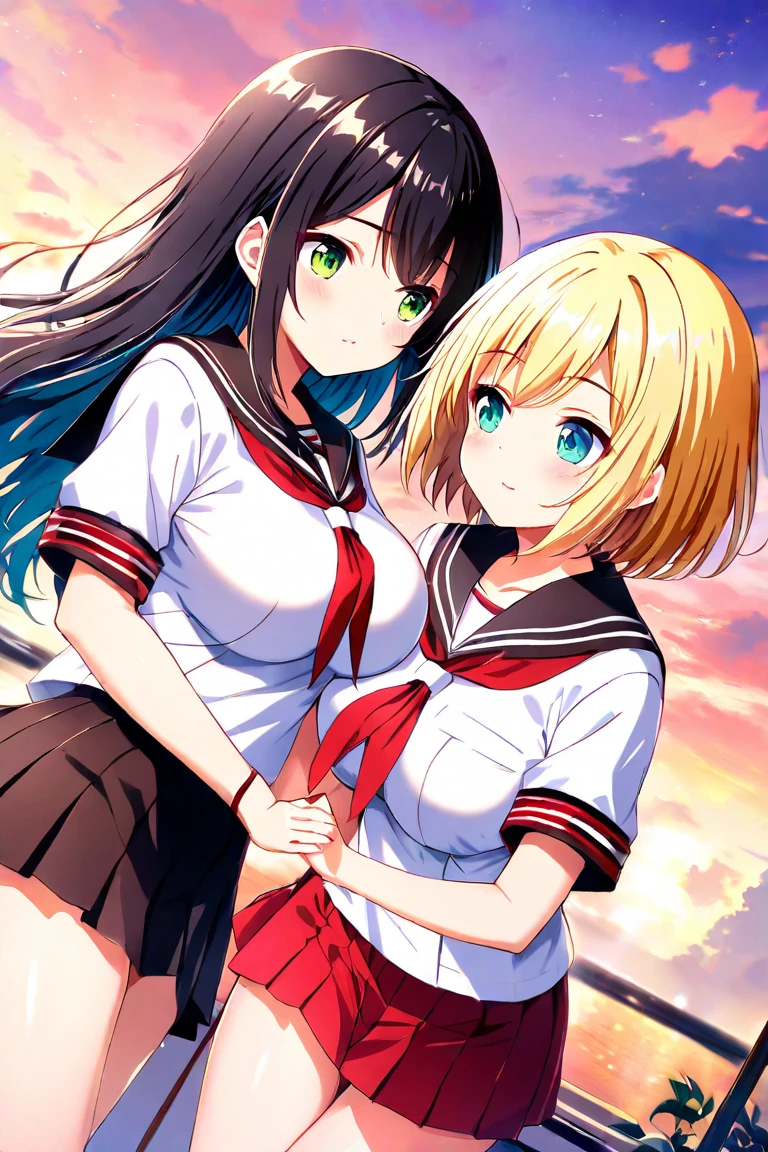 2 girls、 staring at each other、Deep Kiss、頬redらめ、( long hair、 blonde hair、Big Breasts、 green eyes、Fleeting、 look back、Pull your arm)、 high angle、( black hair、Aqua Eyes、 small tits、Short Hair、Rin々Shii)、lily、 sunset sky、 hold hands 、 sailor suit( pale pink)、 miniskirt(red)