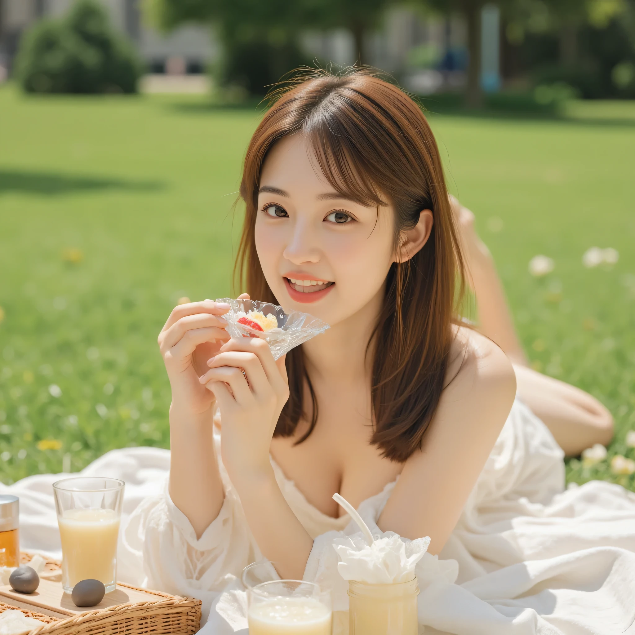 A charming 20-something cute super sexy Japanese person enjoying a relaxing picnic on a lush green park lawn, captured in a medium close-up shot. They are dressed fashionably in warm colors such as soft white, wearing a revealing yet elegant outfit that highlights their allure. Seated gracefully on a cozy picnic blanket, they exude warmth and sophistication while holding a beautifully arranged snack or a refreshing drink. Their smile is radiant and inviting, their expressive eyes reflecting joy as they playfully admire a sweet treat or take a sip from an elegant glass. The soft sunlight casts a golden glow on their skin, enhancing the dreamy, enchanting atmosphere. The slightly blurred background features vibrant greenery, picnic elements, and hints of a serene park setting, providing depth while keeping the focus on their captivating presence. The mood is intimate yet relaxed, effortlessly charming, and full of warmth.