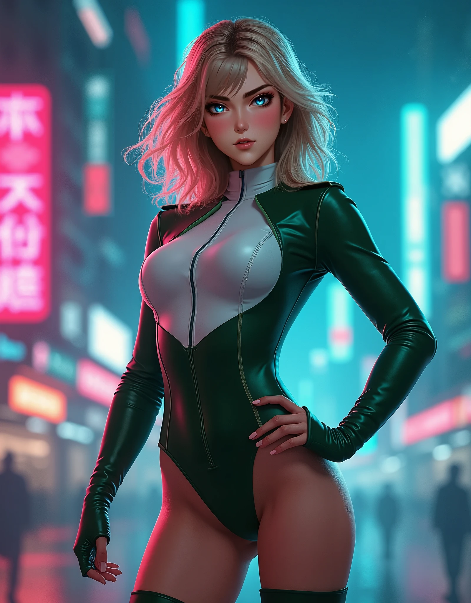 (​masterpiece、4K resolution、A hyper-realistic、ighly detailed、Turn your back), (Green Superheroes theme、Charisma、There is a girl in a Green Lantern costume above the town、with his back turned。She's a superhero)、 [((25-years old)、(Long white wavy hair:1.2)、full body Esbian、(blue eyess:1.2))、((Sandy urban environment):0.8)|(A city scape、natta、Dinamic Light)、(fullmoon)]#illustrate:Prompts are mainly ultra high definition、very real、Describes highly detailed 4K paintings。A superheroine in a Green Lantern costume is depicted at the top of the city。The theme of the photo is black superheroes。