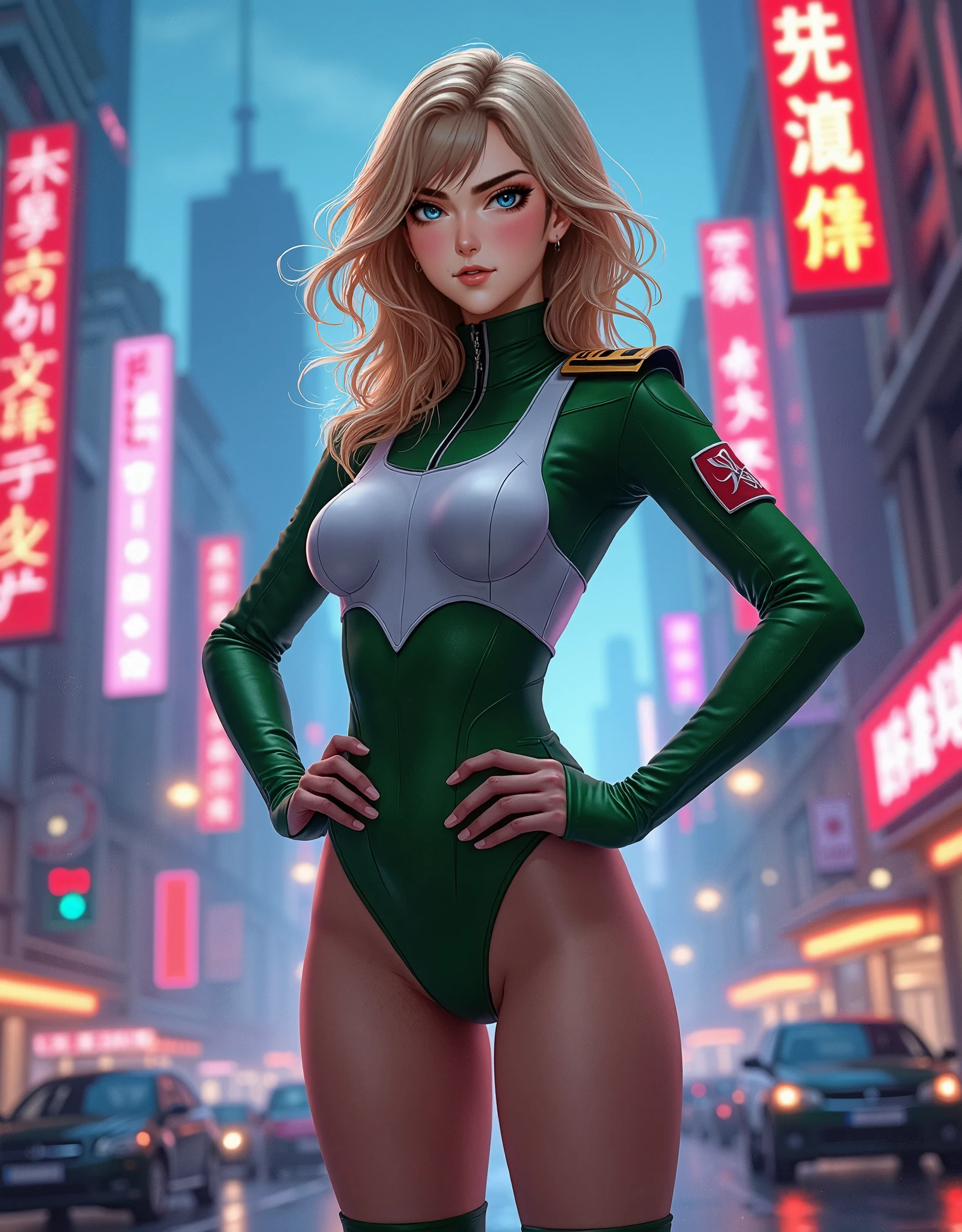 1girl, (solo:1.2), (looking at viewer:1.5), (upper body:1.5), (walking:1.2), (cowboy shot:1.5), (masterpiece:1.3), (best quality:1.3), (perfect anatomy:1.4), highly detailed, (metropolis:1.3), street, daylight, blue sky, western architecture, cammy white, twin braids, long hair, (blonde hair:1.2), antenna hair, beret, (red headwear:1.3), (blue eyes:1.3), scar on cheek, large breasts, (green leotard:1.5), sleeveless, red gloves, fingerless gloves, camouflage, nia4294, (sketchy artstyle:1.3), vibrant colors, (simplified shading:1.2), saturated hues, film grain