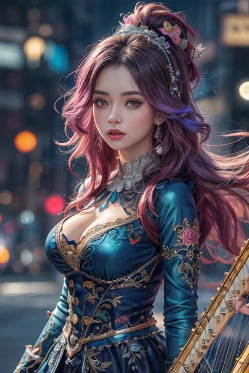 (masterpiece, top quality, best quality, official art, beautiful, cosmic, atmospheric, psychedelic, dreamlike, shinto shrine and aesthetic:1.2), (1girl, rainbow colored hair, beautuful highly detailed Harajuku-inspired hooded kimono, tons of tattoos and piercings, super huge enormously gigantic tits, cleavage showing, gigantic tits bursting out of her kimono), extreme detailed,(fractal art:1.3),colorful,highest detailed, cherry blossoms blowing in the wind