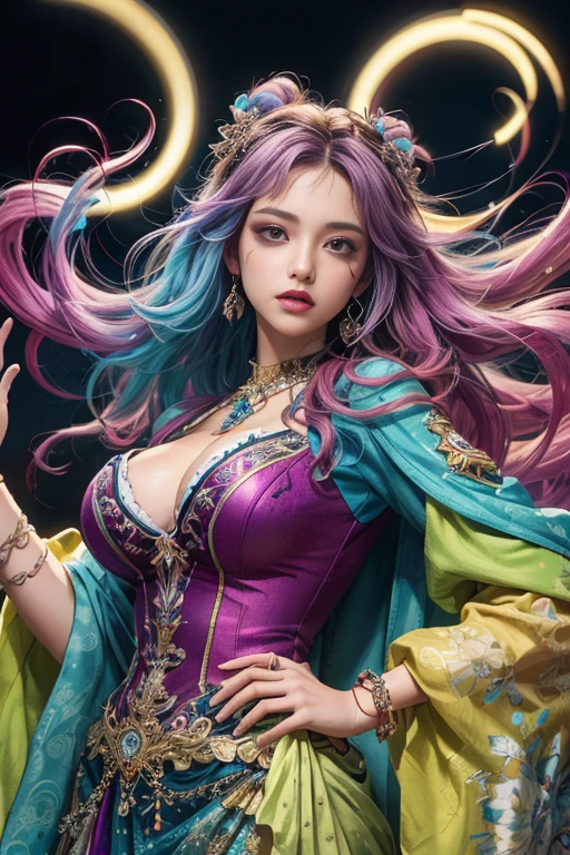 bestquality,master-piece,High resolution with high detail,(brilliant:1.4),raw photograph,,optical illusion,1girle,(Solo exhibitions:1.2),(cowboy lens:1.2),(Hair crown:1.2),Traditional costumes of Dunhuang, china,strapless,(red eyeliner:1.2),(Black eyes:1.4),earings,dynamic angle,entertainment,messy_long_hair,ink,cinematic light,lanelare,Velvet,chrysanthemum,tassels,ribbons,Colorful embroidery,upper half body,Facing the lens,Dynamic Poses,large,Embroidered shoes, Ultra-realistic intricate details, Cinematic, 8K resolution, 70mm, emphasis lighting, Global illumination, (((wearing a Sexy belt design by LV))) Surreal full-body figure, Beautiful and delicate body and face, gorgeous figure, ssmile, Titillating,Surreal full-body figure,Beautiful and detailed body and face, Super vista, White skin of the, vivd colour,🔥8k, (masterpiece), (((highest quality)), (super detailed), 2 girls, (iridescent hair, colorful hair, half blue and half pink hair: 1.2), 38 years old, (Gorgeous Malay Girls: 1.2), outdoor, bangs, smile, sky blue eyes, perfect hands, perfect hands, hand details, corrected fingers. Earrings, Night Store + Background, looking_at_viewer, Cowboy Shot, Top Quality, Rich Detail, Perfect Image Quality, big breasts, slender body