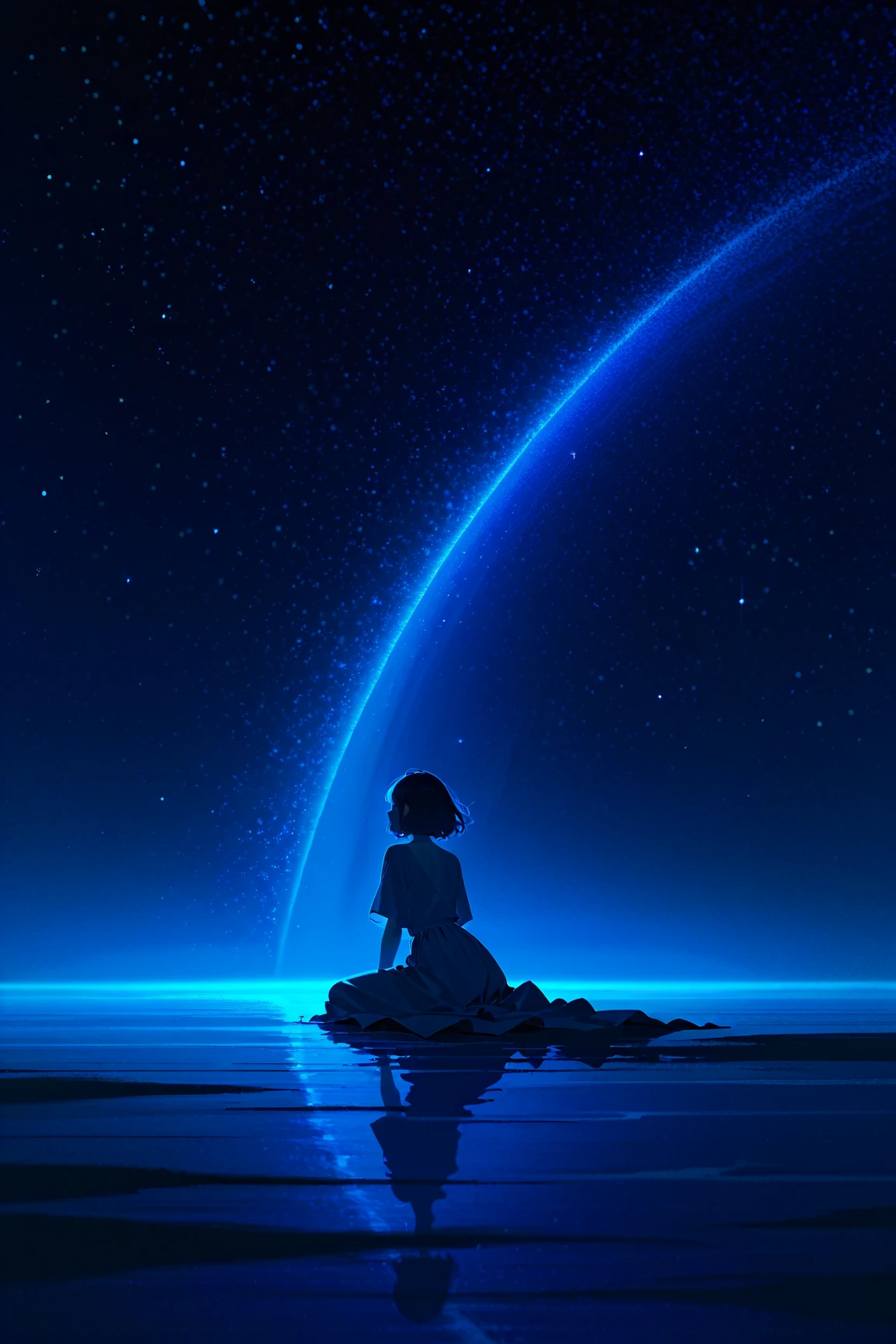 A girl,Cowboy shot,Girl staring at the starry sky,looking at the stars,pulsating,wave,(Wet pleated transparent clothes),with long hair in takes,With a sad expression on his face,There were bubbles floating on her head,There is also a full-body black-and-white photograph,Her face,remodernism,arms behind head,Cross legs,aqua eyes,Aya Goda,Synth wave style girl from Tokyo, Japan,horizon,Earth's surface,Polar regions,canyons,Gaseous nebula,mirage,in wonderland,Light particles,double tails,Short hair,Messy hair,(Milky Way,Many shining stars,Starry sky,stars,Moon,Starry sky,Starcloud,black hole,Tornado,vortex,Night,Night sky:1.25),planetes,Reflection,Ripples,meteors,sky,skylines,skyscraper,nevando,Sunlight,Cloud,steams,Best light,full light,