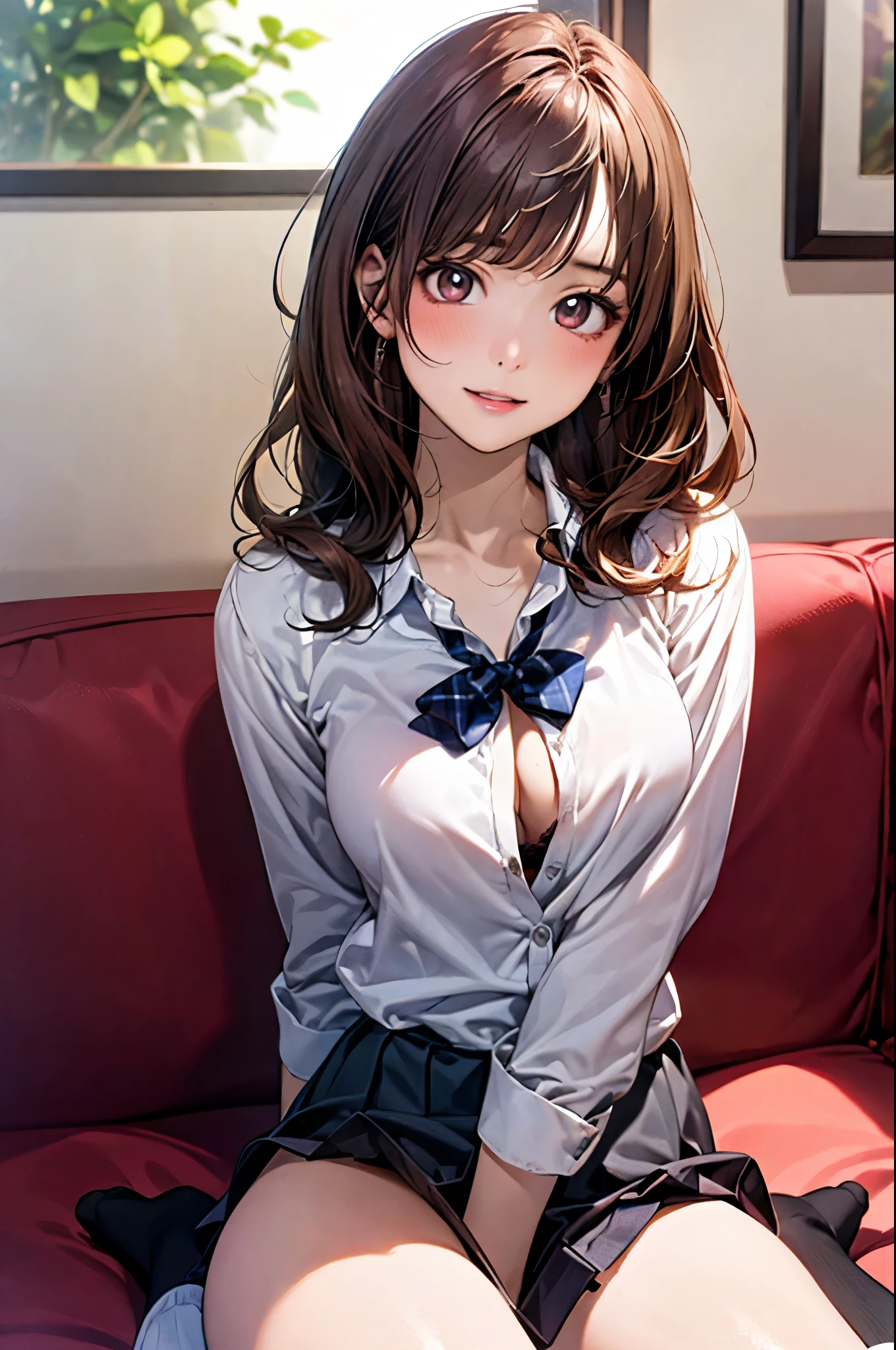 best quality, whole body, Long range shooting, a japanese girl, perfect face, Exquisite facial features, masterpiece, (dark blue gem eyes, brown hair, Long curly hair, Pink moist glossy lips), ((cute appearance)), ((perfect body shape, Mature, Sexy)), Slender legs, smooth skin, (In a classic coffee shop, Sitting on the sofa by the window, Soft indoor lighting, movie lighting, High contrast side light outside the window), Seductive Stance, sideways, medium large breasts, Shy, Sweet, in love, seductive smile, Place one hand on your chest, Embrace, blushing, white collar shirt, waist cardigan, Thrilling black lace thin underwear, nipple, roll up sleeves, Navy blue plaid pleated miniskirt, dark stockings,