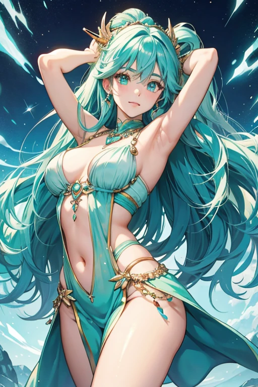 cute young girl, light blue hair, long hair, small braids hair, yellow eyes, dragon horn, dragon tail, elf ear, muscular body, big breast, fight pose