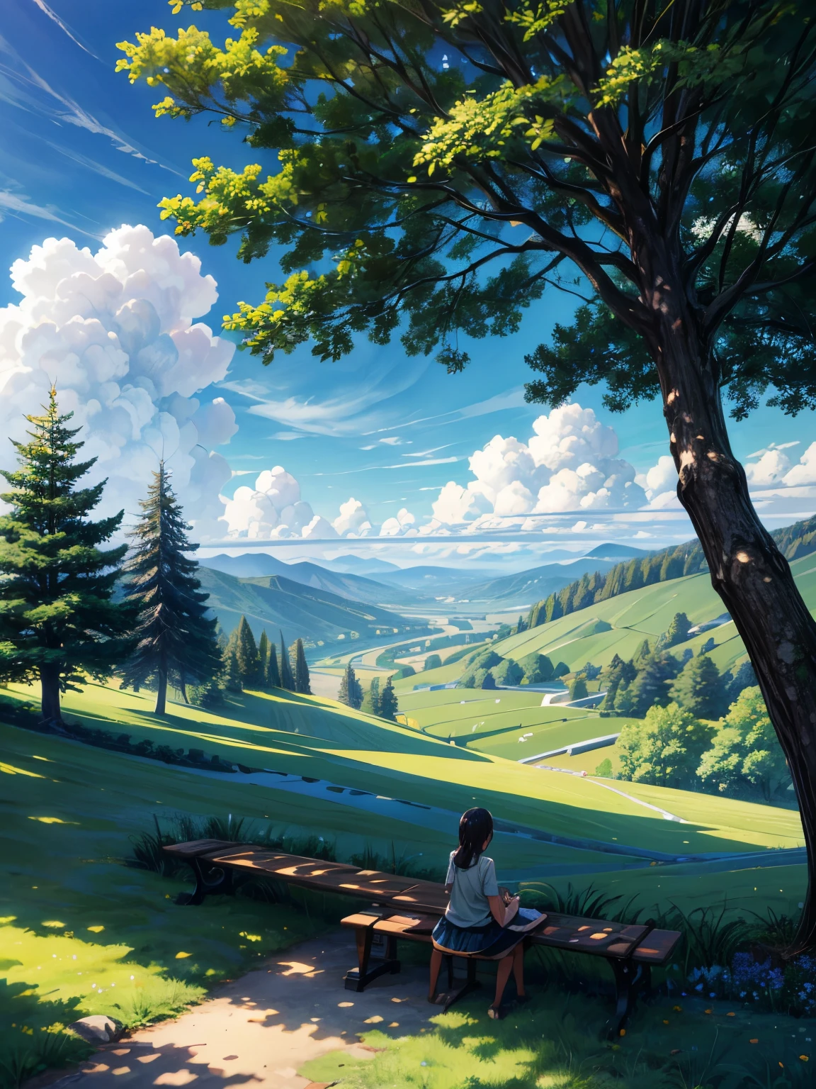 There is a painting of a woman sitting on a bench in the park - SeaArt AI