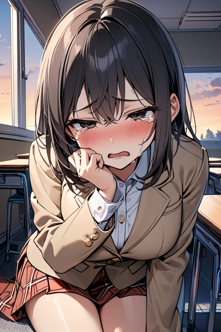 top quality, masterpiece, ultra high resolution, image of an anime girl with short brown hair and black, well-detailed eyes is in a classroom and is wearing a very tight uniform and has a very short skirt she is crying