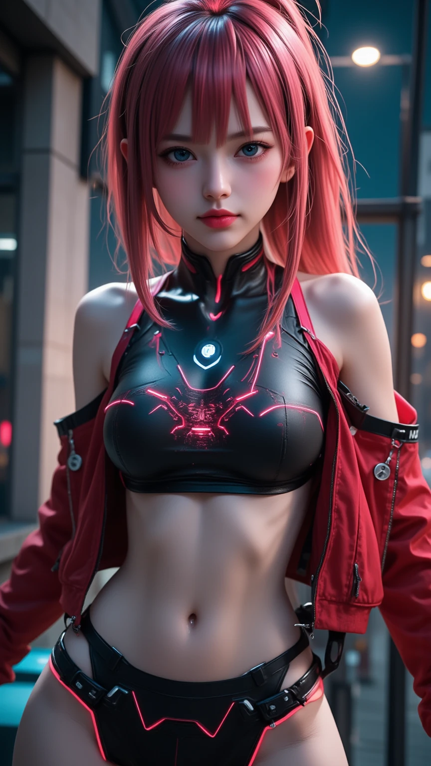 masterpiece, highest quality, 4K, Photorealistic, bokeh, enlightenment, 1 perfect portrait of a girl, (A fascinating eye for perfect detail:1.2), long hair, red hair, (gradient hair), (neon red hair:1.6), (Cat ear:1.2), fantasy background, (exposed bare shoulders), ((Neon red long-term alienation sleeve)), (lean forward), head tilt, movie lighting, oversized clothes, (seductive pose:1.4), (neon red and black background:1.6), beautiful red eyes