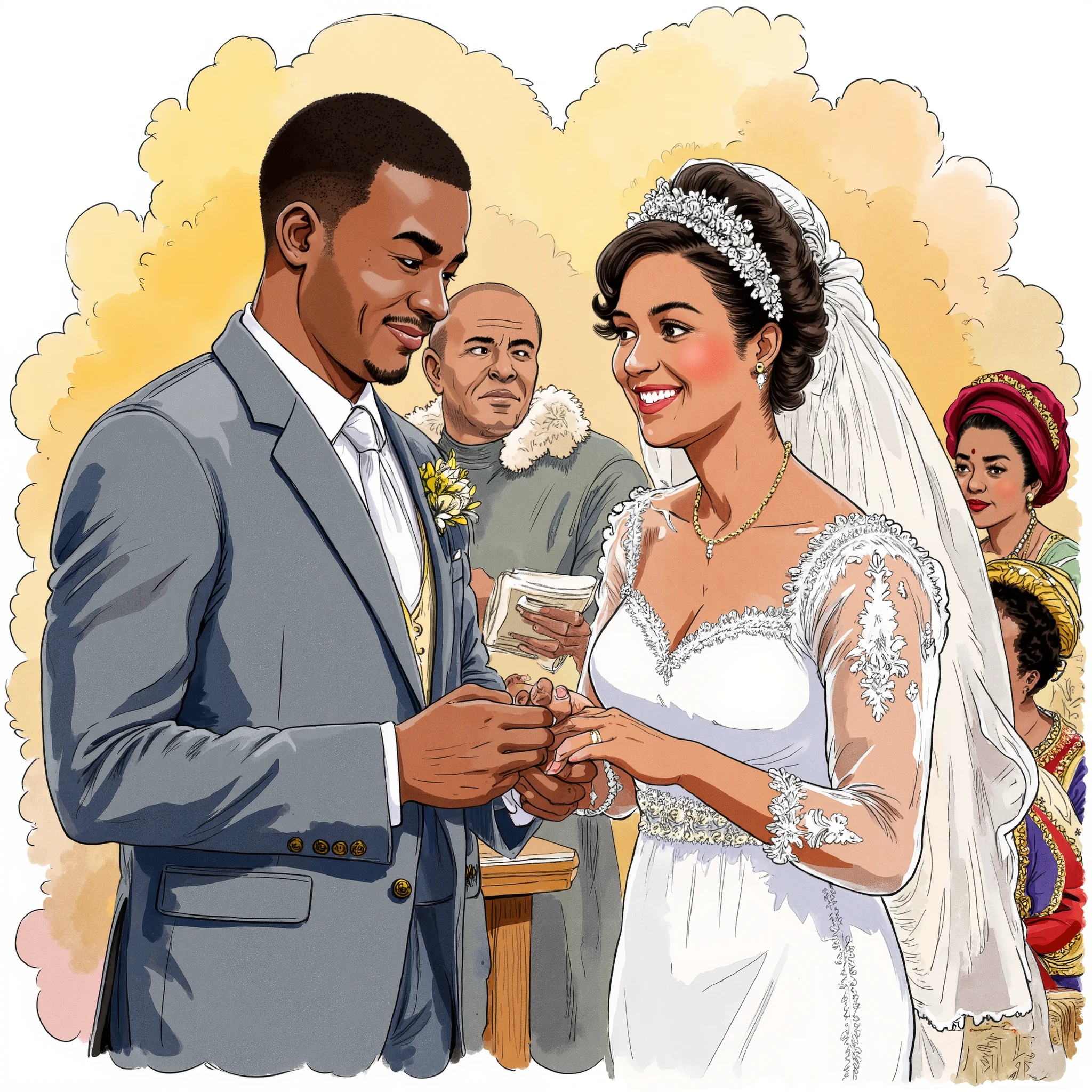 A heartwarming watercolor illustration capturing the moment the groom places a wedding ring on the bride’s finger. The groom, a Nigerian man in a well-fitted suit, gently holds his bride’s hand as he slides the ring onto her finger. His face shows deep love and devotion. The bride, glowing with happiness, gazes at him, her eyes filled with emotion. She wears a stunning white wedding gown, and her nails are delicately manicured.
The church background is softly blurred, with warm golden light illuminating the couple. The officiating pastor can be seen in the background, observing the moment with a kind smile. Some guests, dressed in traditional Nigerian outfits with vibrant Ankara fabrics and gele headwraps, watch from the pews, their faces showing admiration and joy. The watercolor brushstrokes create a soft, dreamlike effect, highlighting the beauty of this symbolic exchange of love and commitment.