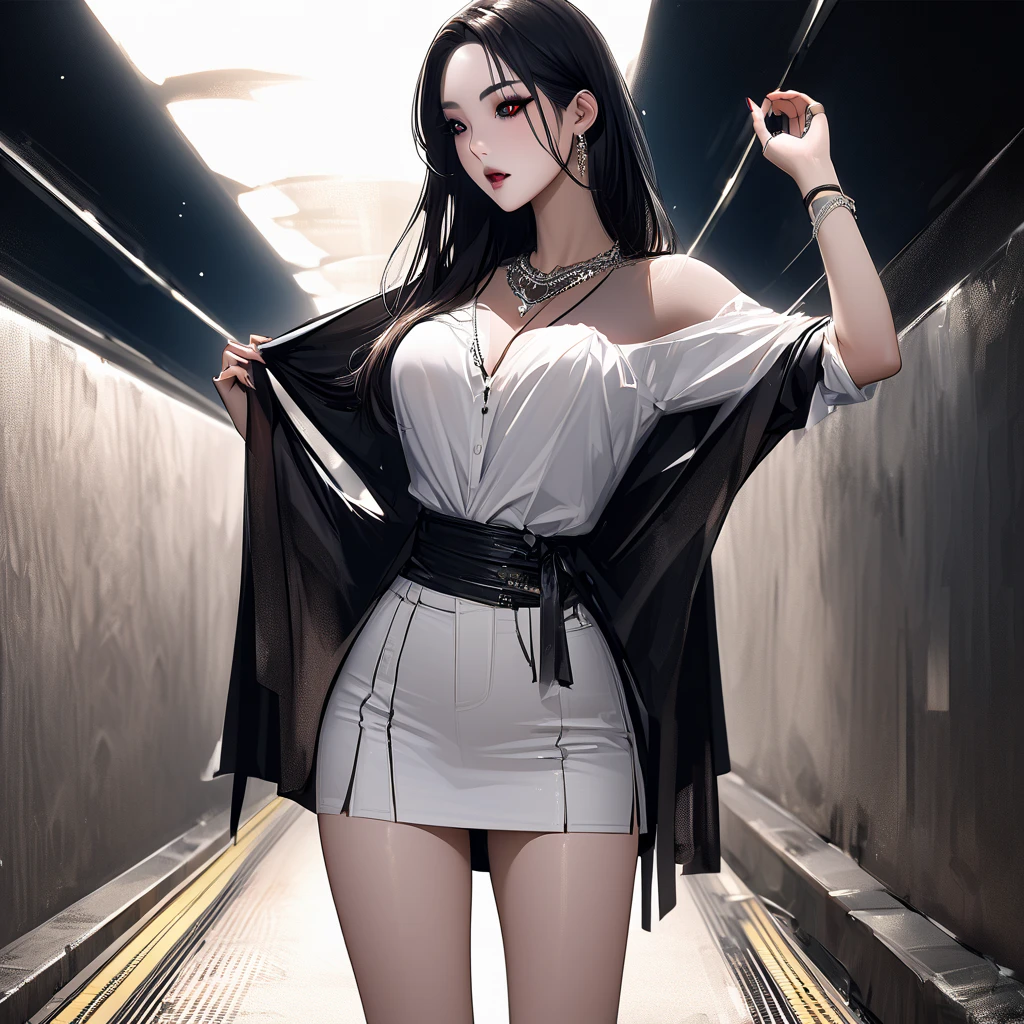 a girl,cute and pretty face,Long straight black hair,Long bangs covering eyes,long eyelashes,Fine eyes,small eyes,Dark lipstick,Dark eyeshadow,Slim body,Slender limbs,Black spaghetti strap dress,Dark knitted buttoned oversized long sleeve jacket,Inside an old European railway station,Depth of Field,Ultra-detailed faces,very beautiful face,Extremely high quality skin,Look into the distance,shallow depth of field,seductive,beautiful legs,