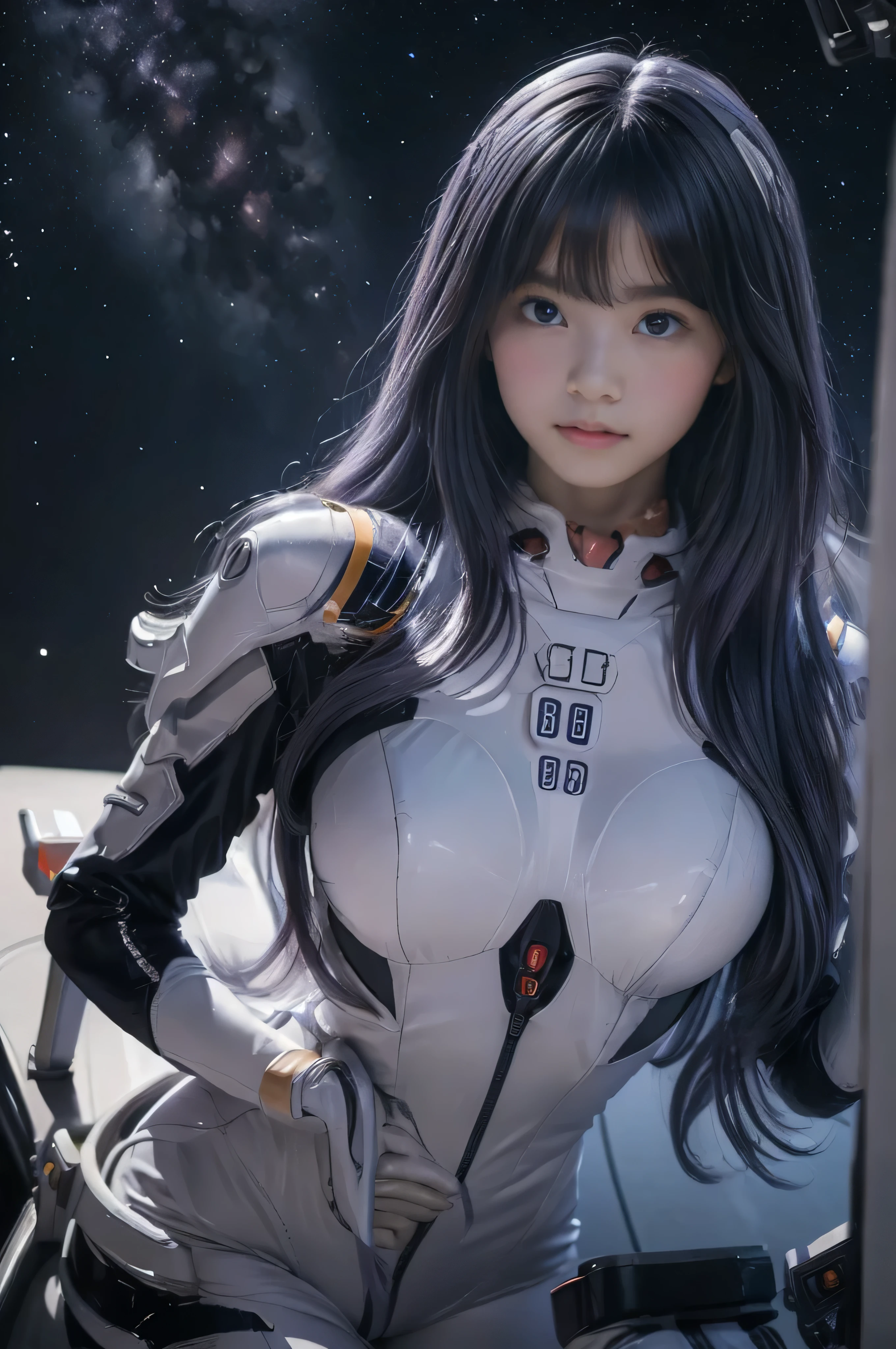 (  top quality :1.2), 8k,   One -Facerl , purple long hair、very huge bust、 posing for a photo ,Move your arms along your body ,(( spaceship cockpit))、 starry sky 、Edge Plug Set ,  Medium Breasted  ,  full body lesbian,  skin tight, Wears Edge Plug Suit Jumpsuit,