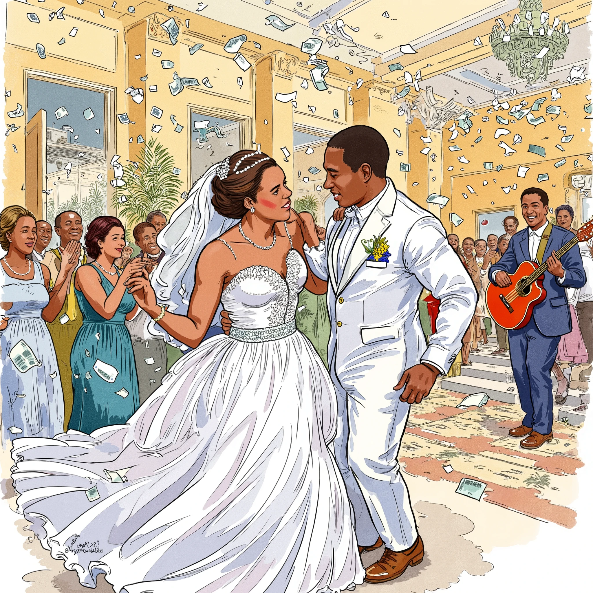A lively and colorful watercolor illustration capturing the Nigerian newlyweds dancing joyfully at their wedding reception.
The reception hall is alive with color—vibrant decorations, guests cheering, and a live band playing in the background. Some guests clap and throw naira notes in celebration, a common Nigerian wedding tradition. The watercolor strokes emphasize movement, from the swirling dress of the bride to the rhythmic motion of the groom, capturing the energy, love, and festive spirit of this special moment. Africans, Nigerians.
