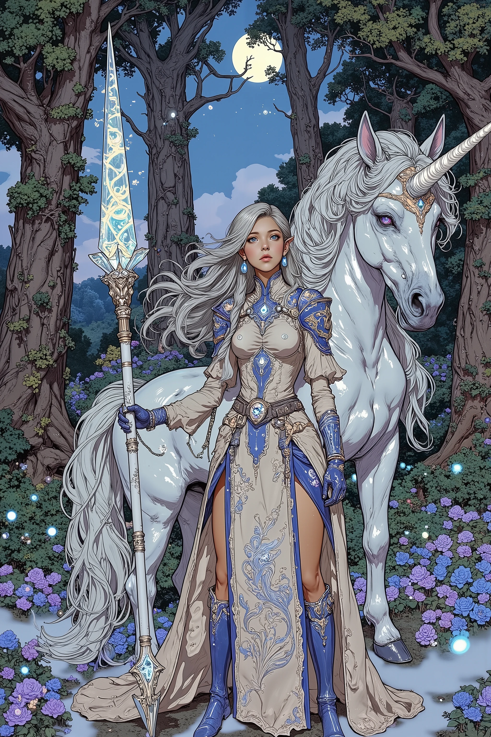 A high-resolution digital painting of a **confident female Elven Battlemage** standing proudly in front of a **majestic Unicorn** in an **enchanted Elven forest**. She wears **ornate battle robes interwoven with arcane symbols**, complemented by **light elven armor with glowing magical engravings**. Her **long silver hair flows freely**, her **distinct long elven ear with glowing trinkets**, and her **piercing violet eyes glow with arcane energy**. She wields a **magnificent battlestaff**, its **crystal core radiating an ethereal, otherworldly light**, hinting at immense magical power.  

Behind her, the **Unicorn** stands as a **symbol of purity and wisdom**, its **elegant form covered in shimmering silver fur**. Its **spiral horn pulses with divine magic**, and its **mane flows like enchanted silk, glowing softly in the moonlight**. The **Unicorn’s hooves barely touch the ground**, as if it exists between realms, ready to channel ancient magic at any moment.  

The **background showcases an ethereal Elven forest**, bathed in **soft, mystical light**. Towering **ancient trees with glowing vines and floating magical wisps** create a dreamlike atmosphere. The **forest floor is covered in luminescent flowers**, and a **gentle mist swirls between the trees**, adding to the **enchanted, serene setting**. The **moonlight filters through the dense canopy**, casting an otherworldly glow over the scene.  

The composition highlights the **Elven Battlemage’s commanding presence, the Unicorn’s divine aura, and the mystical beauty of the forest**, blending **fantasy realism, arcane elegance, and mythical adventure aesthetics**. This cinematic fantasy artwork is **ideal for concept art, a fantasy book cover, or an epic RPG illustration**.  
