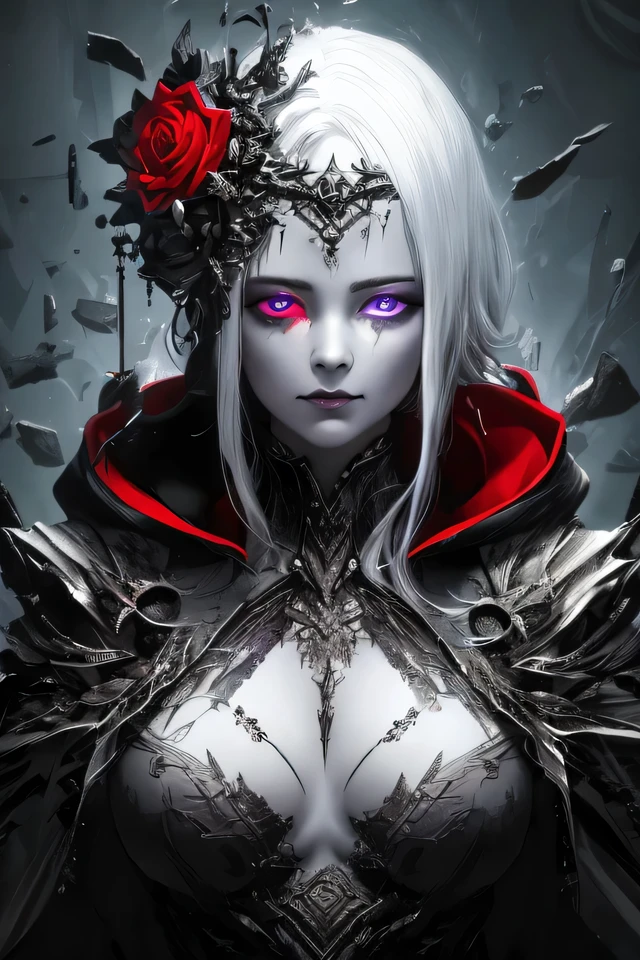 Vampire (neko) Girl with long vampire fangs. tousled short white hair hair. cat pupils in white glowing eyes, cat ears. long vampire fangs, very extremely beautiful, Beautiful face of a young woman. Gothic Necromancer Armor, red, Black pants. grey fur cape, grey fur mantle, many details, Mystical green forest. Semi-fantastic realism. the golden ratio. a lot of details, necromancy, Lots of glowing elements. fantasy style.