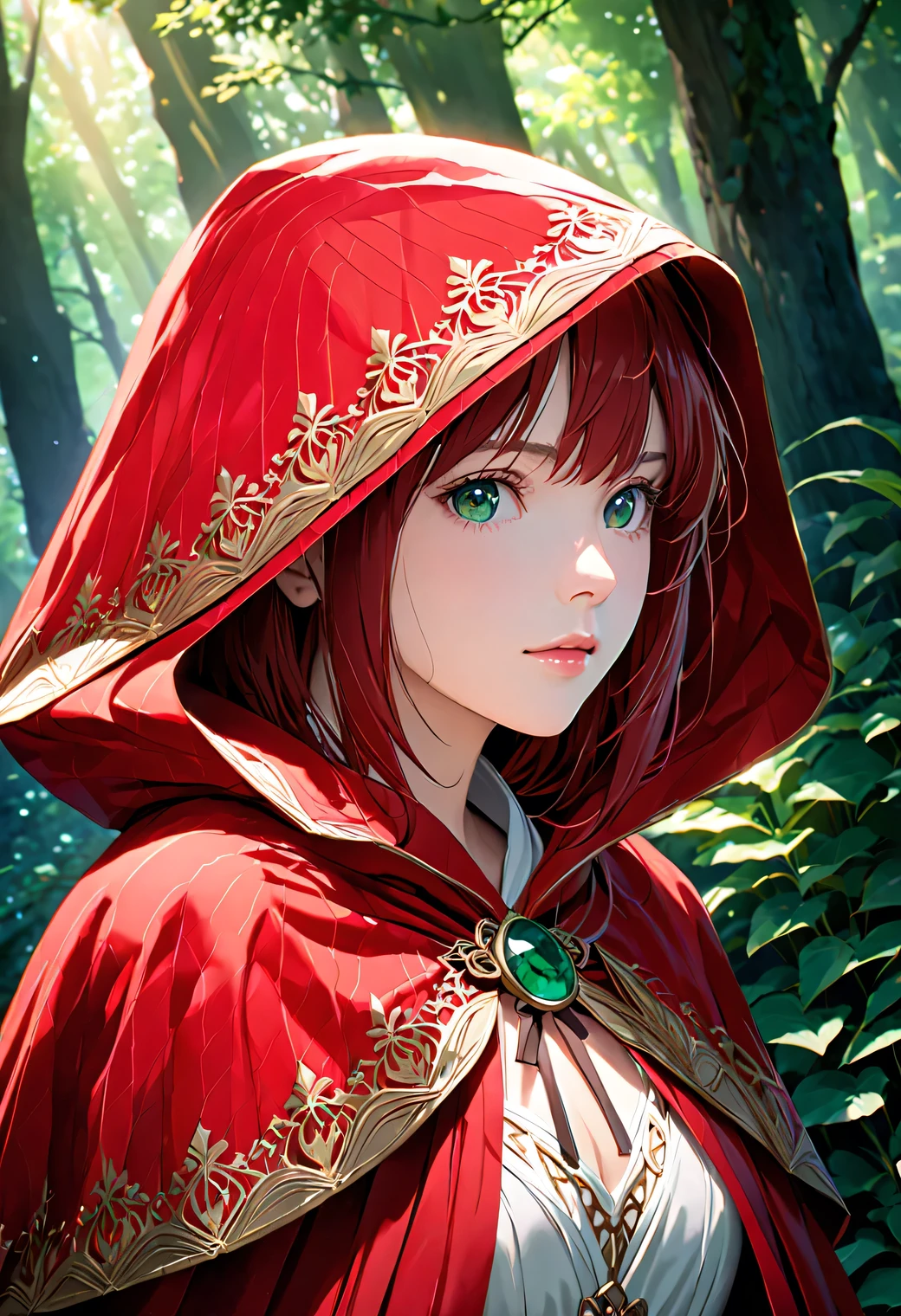 beautiful anime girl, semi-realistic style, flowing red hood cape, studio ghibli inspired, detailed anime face, large expressive emerald eyes, detailed hair shading, soft anime lighting, fantasy forest background, detailed fabric folds, anime aesthetic, realistic shading, detailed skin texture, beautiful lighting, cinematic composition, premium quality, high detail illustration, Makoto Shinkai style, realistic hair shine, detailed eye reflection, ornate clothing details, fantasy elements, magical atmosphere, realistic proportions, detailed facial features, high quality shadows, subtle cel shading, fine detail line art, realistic fabric textures, anatomically correct features, volumetric lighting