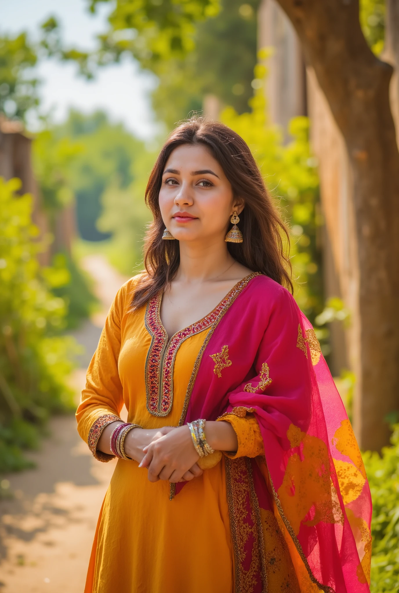 24 year girl in Indian village not modern village rural vibe punjabi suit