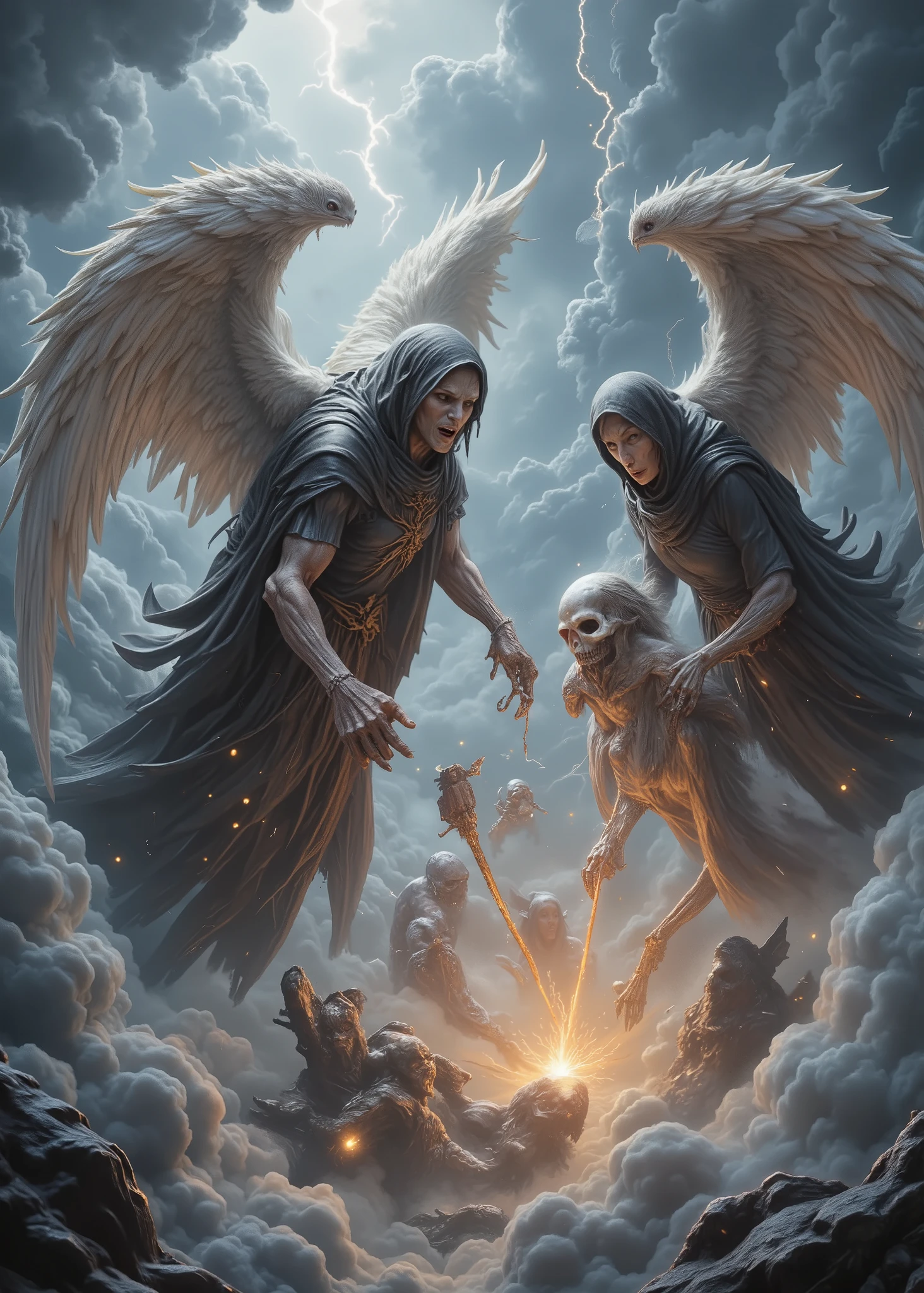 Realistic and authentic-oriented 、 battle between angels and grim reapers、violently、You can hear 、Lightning runs、 roar above the swirling clouds