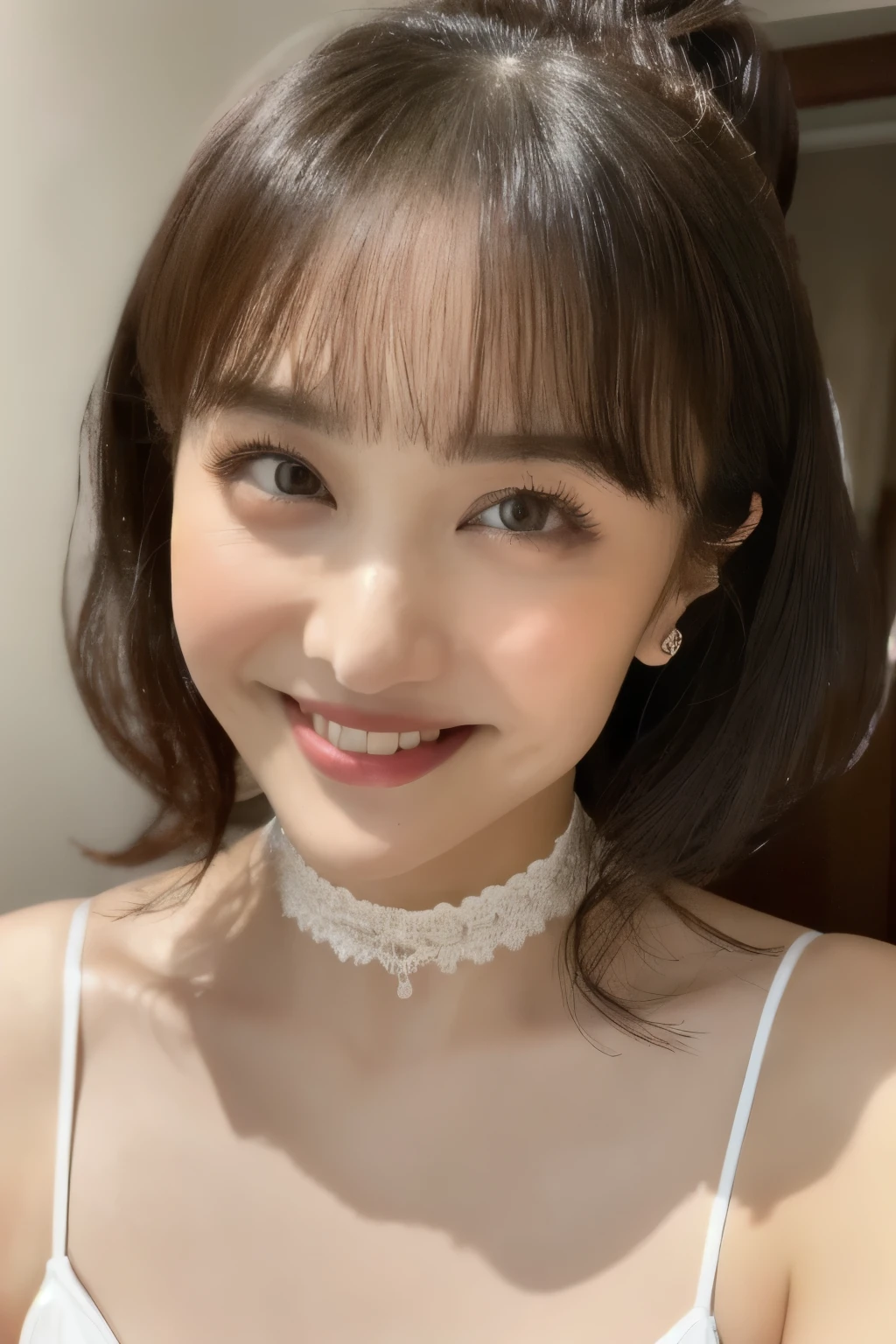(( white bikini)), ((age Japanese Girl))、、(Light up your face)、(masterpiece, top quality, The beautiful quality of , photorealistic , detailed lighting , Extremely detailed skin, Extremely Detailed Hair ,8k, black hair, upper body, One Girl , smile, Watch Viewers , Dimples, Dimpless on cheeks, fc portrait:1.2), bangs、 white choker、 off shoulder 、Accurate Eyes、 Super High Definition、 ponytail、 white ribbon、((Thin face))、(( big eyes))、No makeup