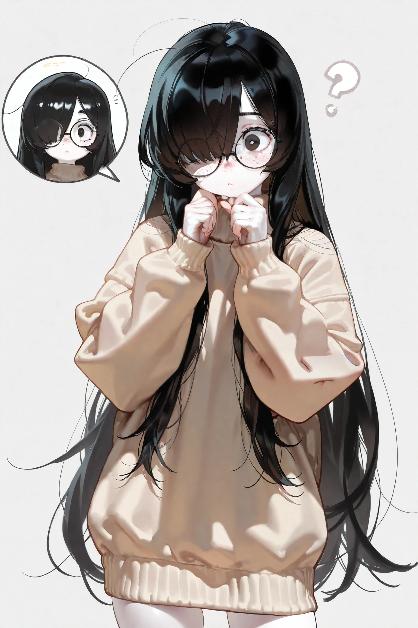 ( Masterpiece : 1.2), ( very detailed: 1.2), ( very detailed CG: 1.2), ( HD: 1.2), 1girl, nerd, freckles, black hair, very long silky hair, long bangs, hair over one eye, curious expression, brown doe eyes, round glasses, oversized sweater, pale white skin, front face view, simple background, simple pose, hand fixing glasses,