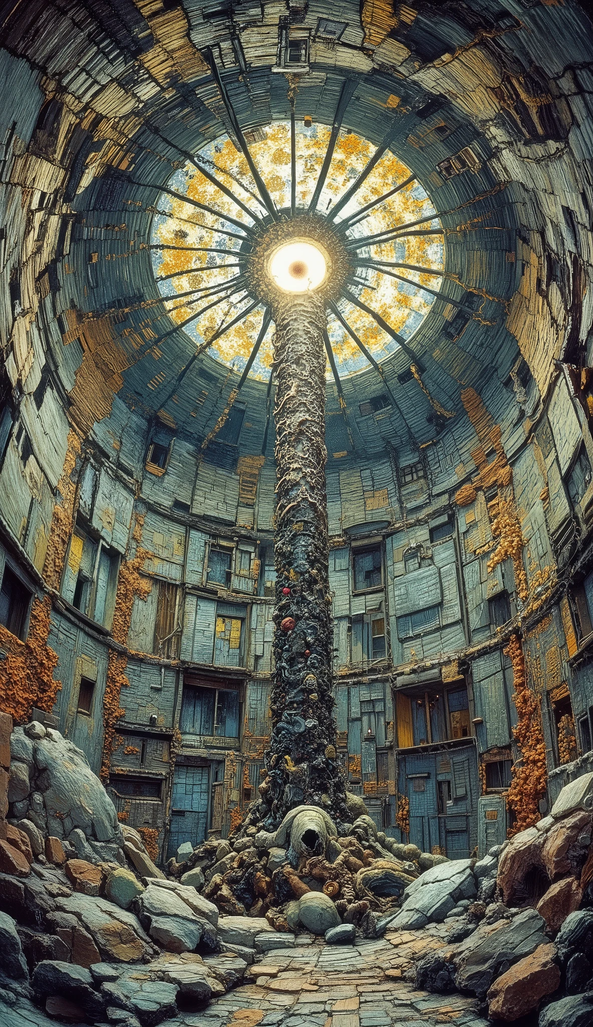 The chamber expands, but not outward—its dimensions flex, recalibrate, as if the architecture itself is reconsidering its form. The walls are neither rigid nor fluid, shifting between tessellated panels and undulating biofilm. Brancusi-like smoothness clashes with grotesque organic folds, an engineered paradox where steel should end and flesh should begin.
A column rises from the floor, though it was not there before. The surface ripples, assembling itself in layers—Van Gogh-like ridges of fibrous strands weaving into structure, sinew twisting with polymer filaments. It is a support beam, or perhaps a vertebra, indistinguishable from its function. It does not settle. It grows.
At the far end, a containment unit hums, though the frequency is below perception. A form within flickers, uncertain—an anatomical study rendered in Francis Bacon-like distortion, skin stretched in too many directions, bones extruding and retracting with each recalculated breath. The eyes are open but do not process. They reflect nothing, despite the glaring surgical light that burns above.
Across the ceiling, circuits do not simply connect—they sprawl, dendrite-like extensions mimicking organic neurons. The wiring is not engineered, it