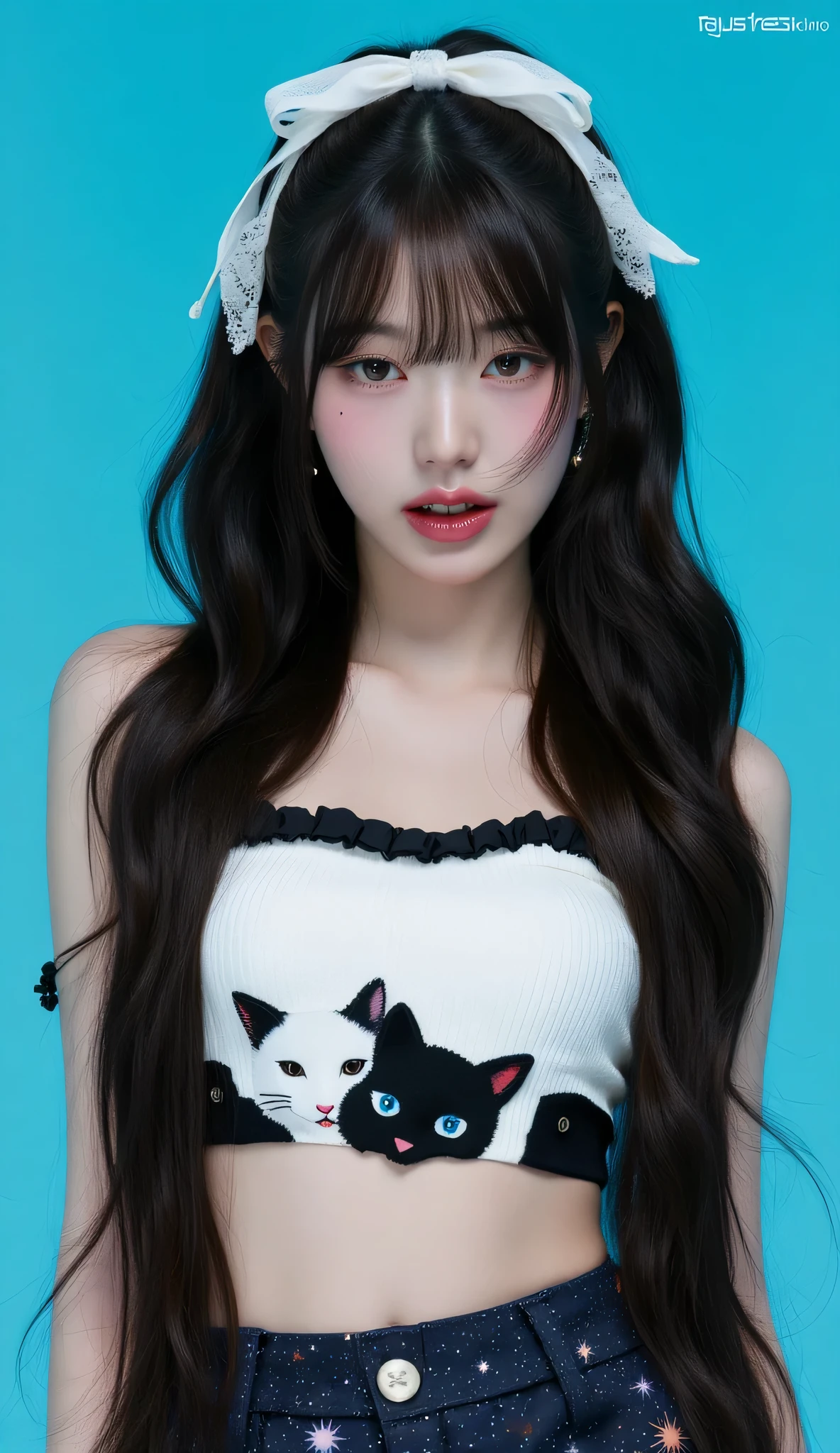 32k, Masterpiece, Top Quality, (Korea's Beautiful Women) Close-up,  eye-level, long wavy dark brown hair, white lace bow,  white bra, (underboob: 1.2), cat print, dark skirt, space print,  black detailing,  bright blue background, playful, youthful, whimsical, edgy, bright lighting.
