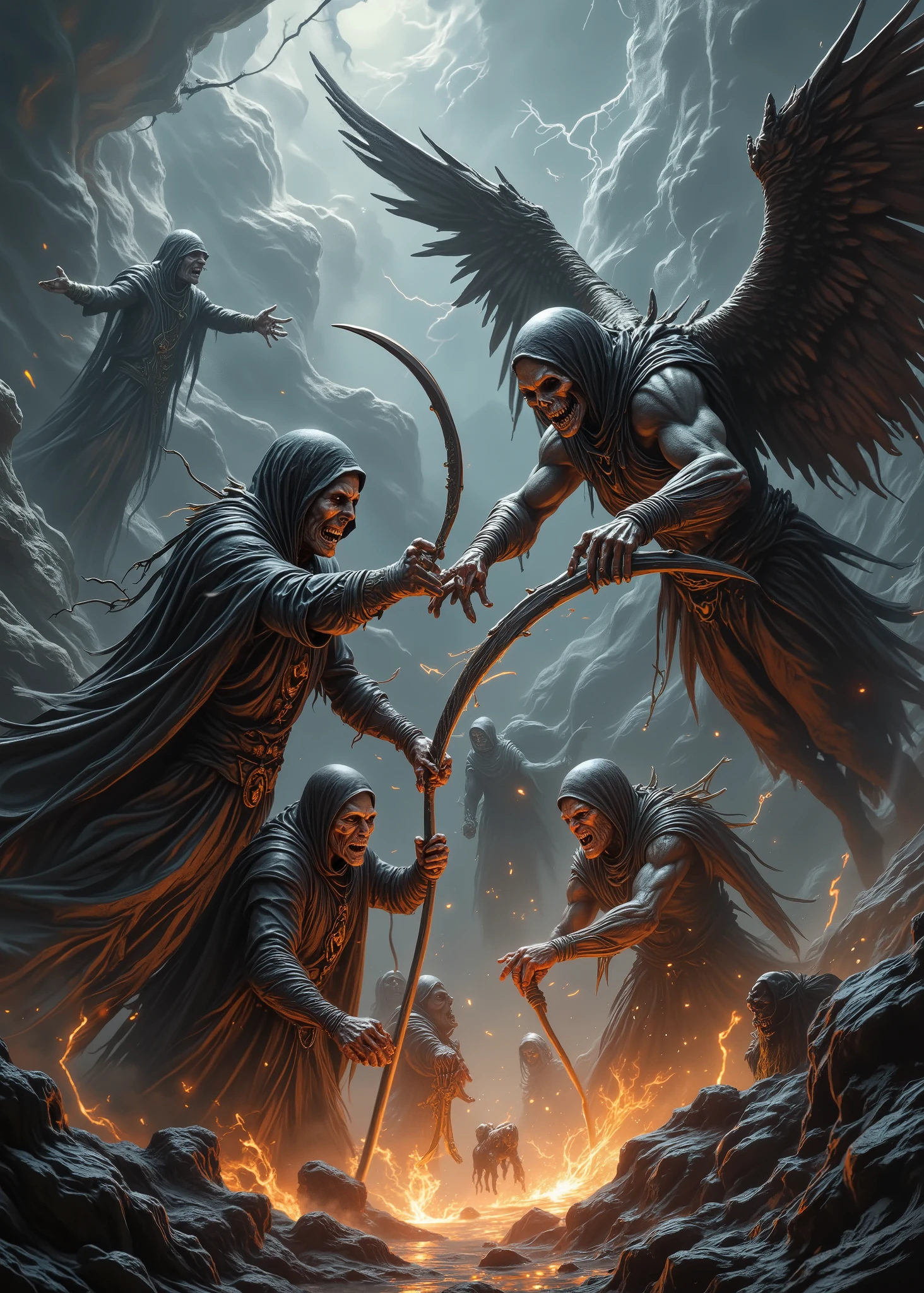  Realistic and authentic-oriented 、 fierce battle between angels and grim reapers、Intense and dynamic 、torn off、You can hear 、Lightning runs、Sparks fly、 roar above the swirling clouds 